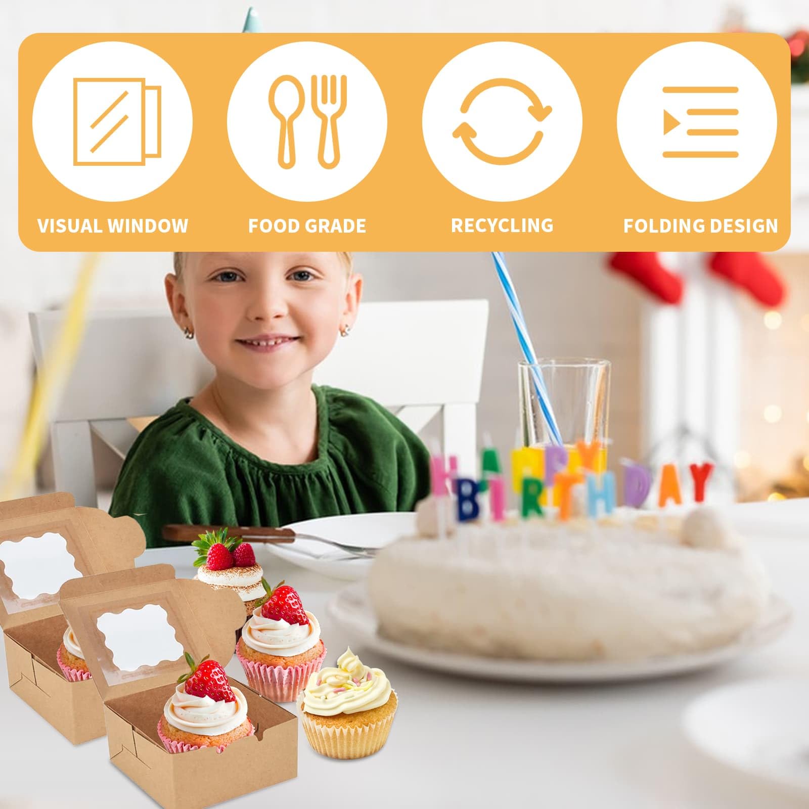 DYUEE 50 Pack Cake Boxes for Cake Portion Brown Cupcake Boxes with 60 Stickers, 3 Rolls of Ribbon - Image 3