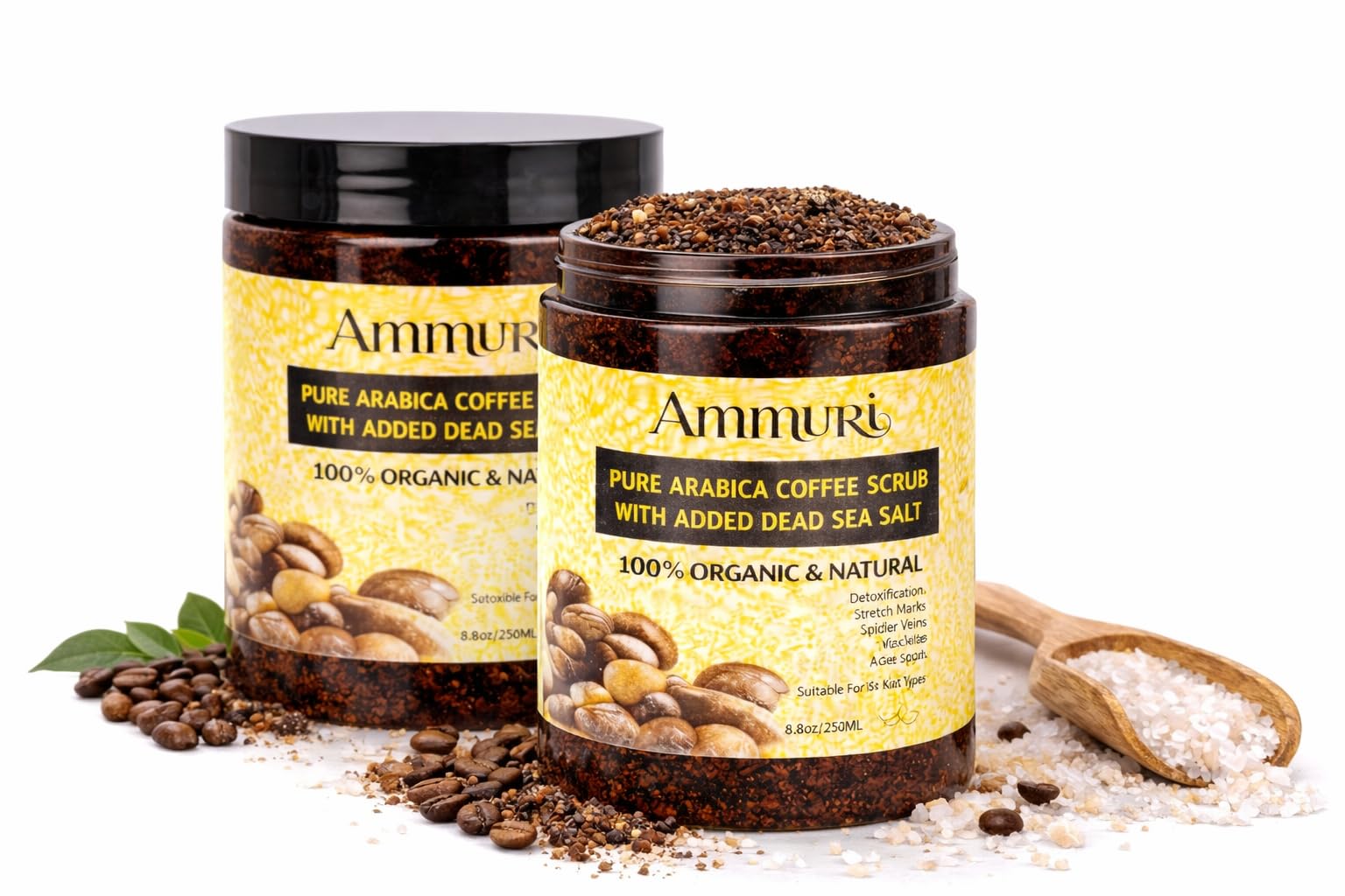 Dead Sea Salt Scrub Pure Coffee Arabica Anti-Cellulite Exfoliating For Face Body Legs & Foot Best Hydrating Stretch Marks Wrinkles Varicose Veins Treatment Boosts Circulation For Men & Women