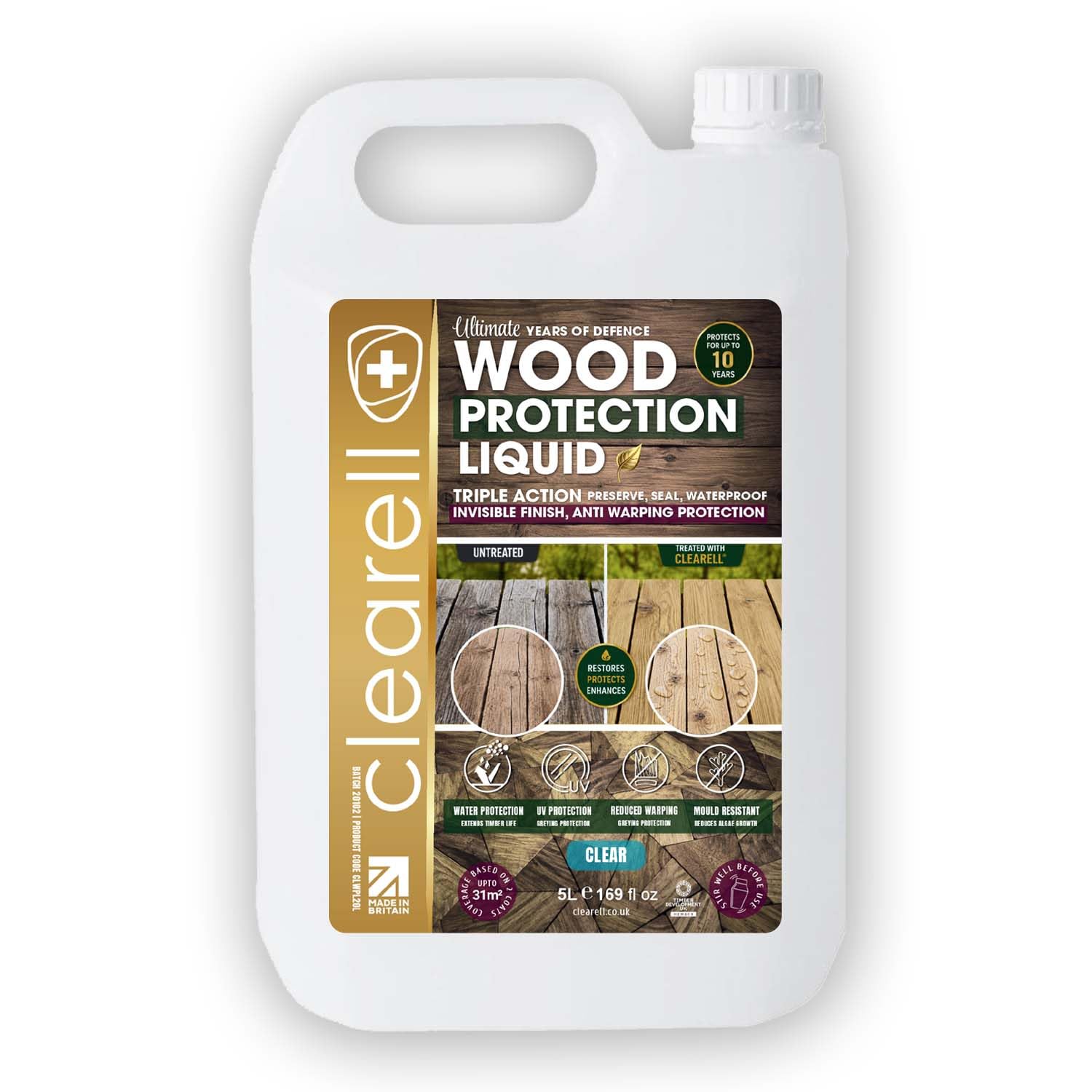 Clearell 5L | Wood Protection Liquid | Clear Waterproofer for Outdoor Wood