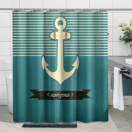 Miniatura 2 de GDHBLING Shower Curtain Anchor Nautical Pirate Ocean Themed Coastal Bathroom Cloth Fabric Water Resistant Weighted Decorative Shower Curtain Set