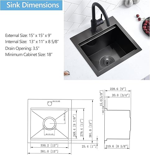 Miniatura 13 de Scamall SM021-1SBG - Fregadero de cocina de acero inoxidable negro de calibre 15, 15 x 15 x 9 pulgadas, fregadero de cocina pequeño con estación