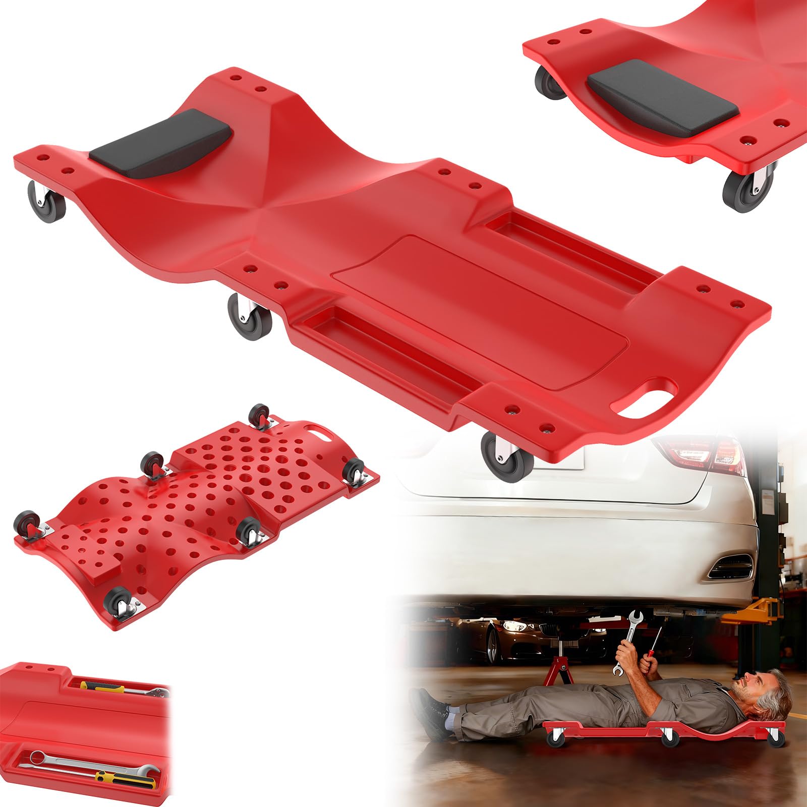 LZQ Planche à roulettes de montage pour voiture, chaise longue d'atelier, en plastique, avec appuie-tête et compartiments de rangement, capacité de charge 150 kg, chariot d'atelier pour entretien de