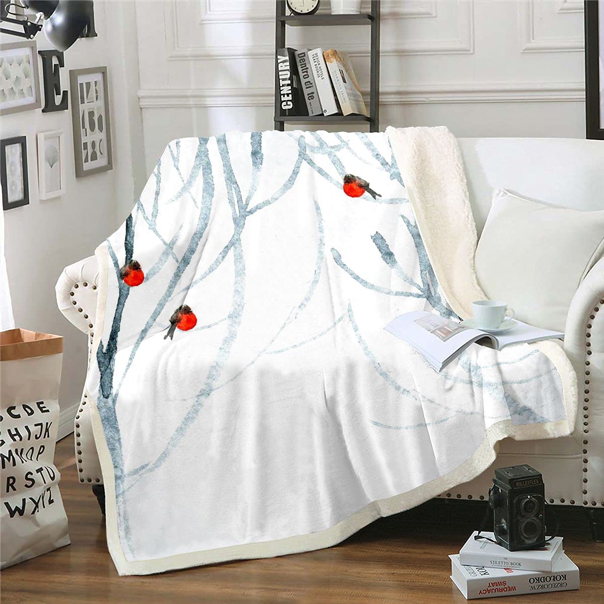 Homemissing Winter Tree Woodland Sherpa Blanket Trees Water Colored Winter Woods BullfInch Fleece Throw Blanket Pale Blue White Fuzzy Blanket for Sofa Bed,King 87x94 Inch