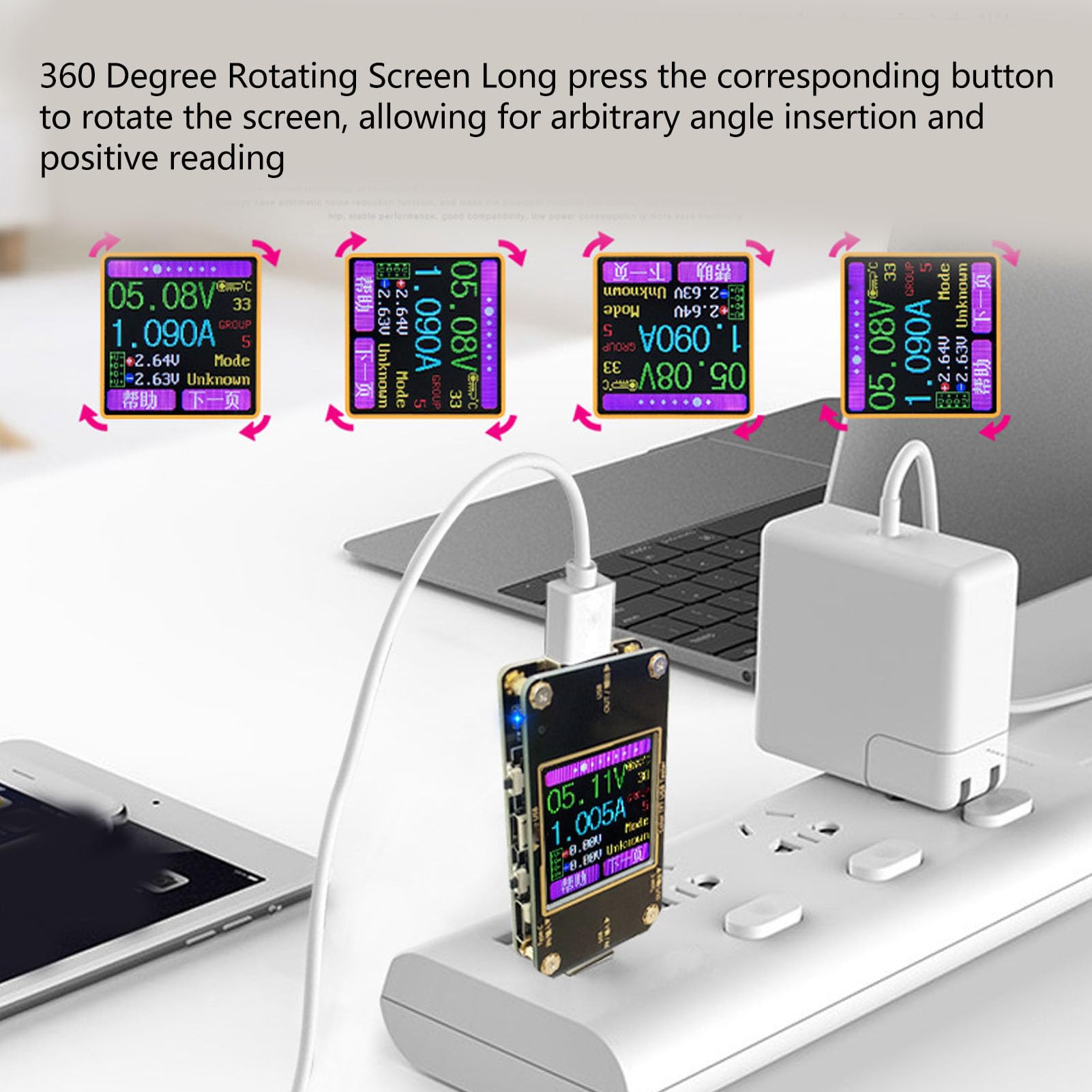 Rilevatore di potenza digitale SustVita 4,5 V-24 V con display a colori da 1,44 pollici, protocollo di ricarica rapida PD QC Voltmetro Amperometro USB per impedenza e temperatura