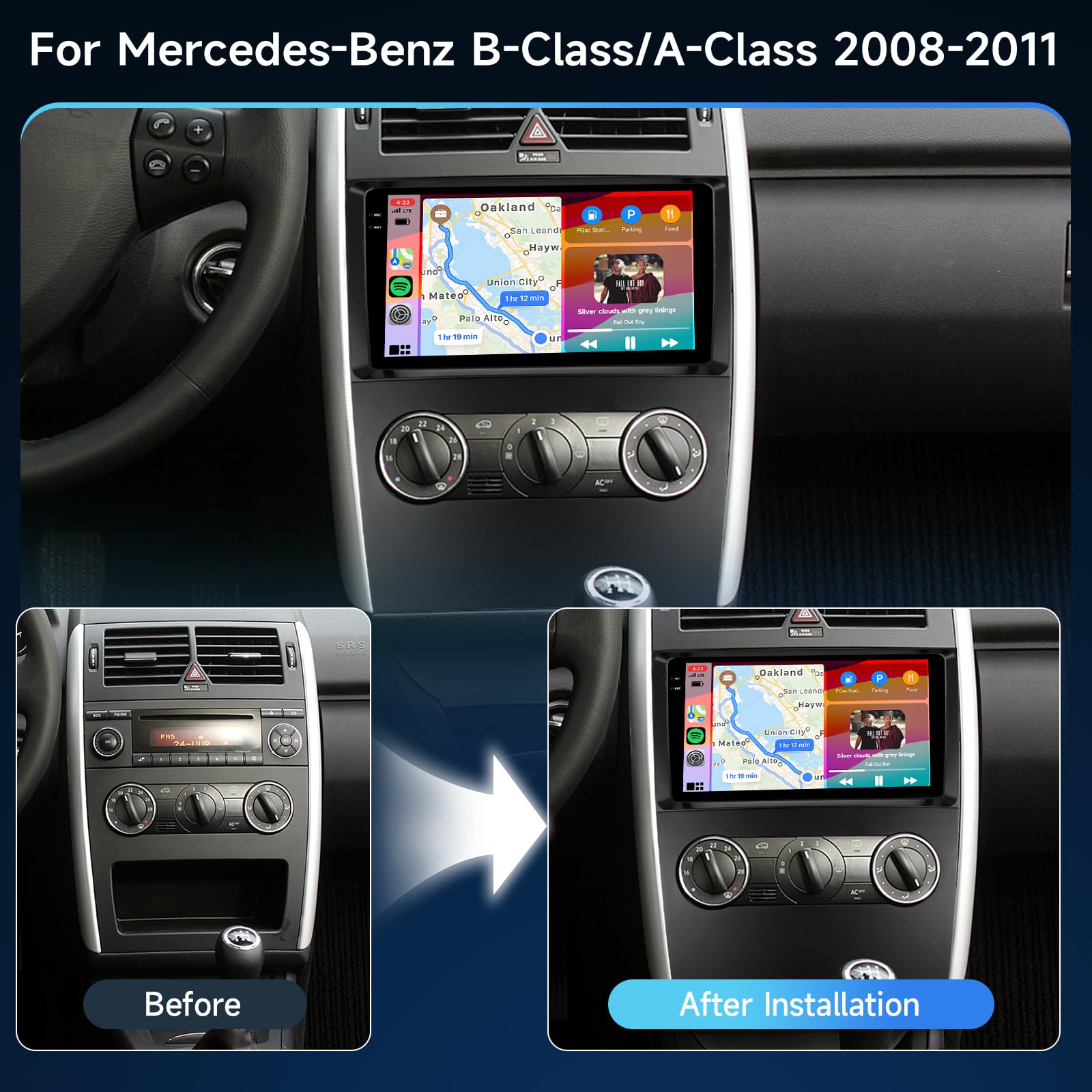 Hodozzy 4G+64G Autoradio für Mercedes Benz A/B-Klasse B200 W169 A160 A180 A200 A220 2008-2012 Android 9 Zoll InCell Touchscreen Navi Carplay Wireless Android Auto, Radio Din Bluetooth WiFi RDS Kamera