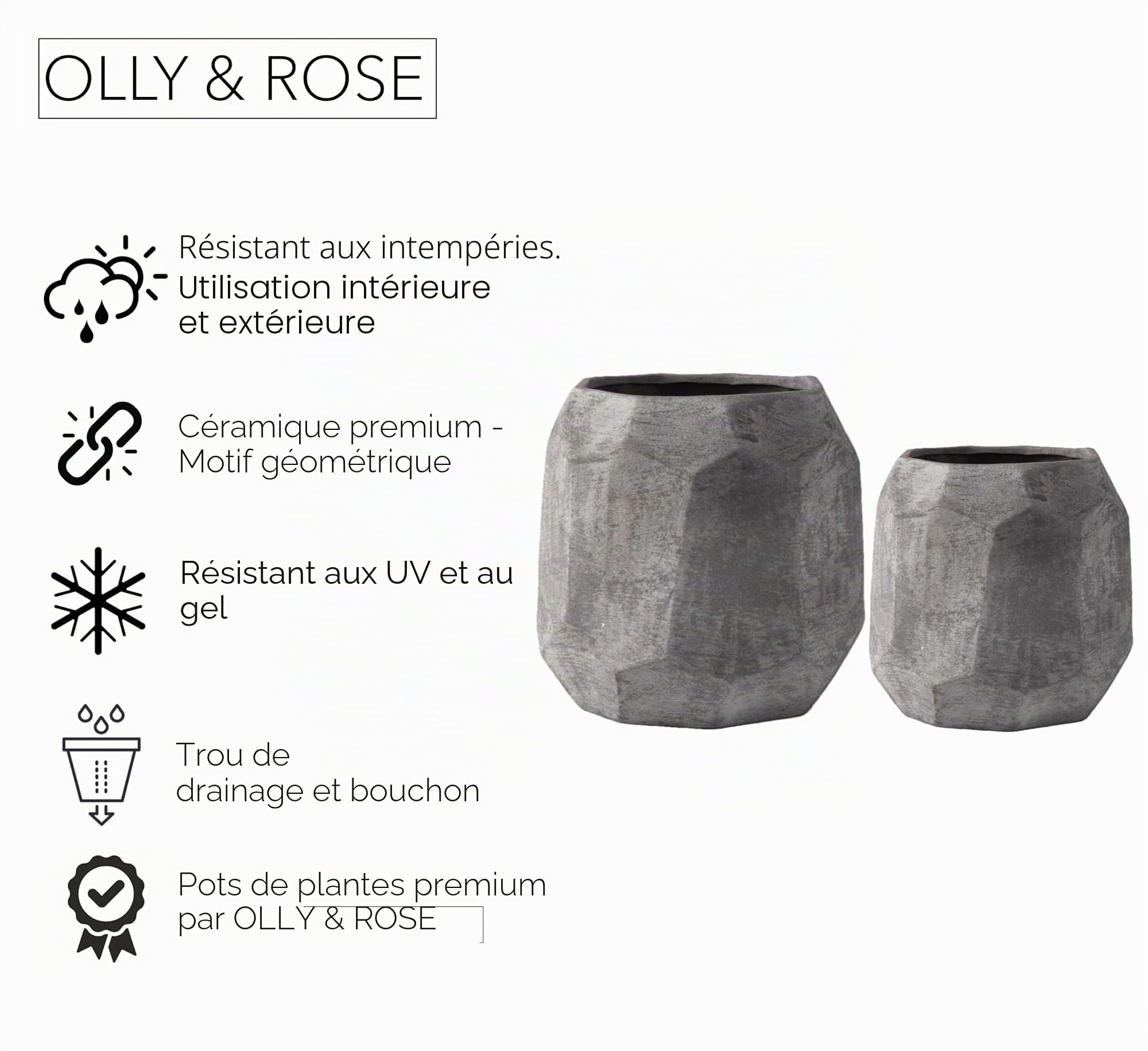 Olly & Rose Leon Lot de 2 grands pots de fleurs géométriques en céramique effet sable Gris foncé 21 cm et 14 cm de diamètre Pour extérieur et intérieur