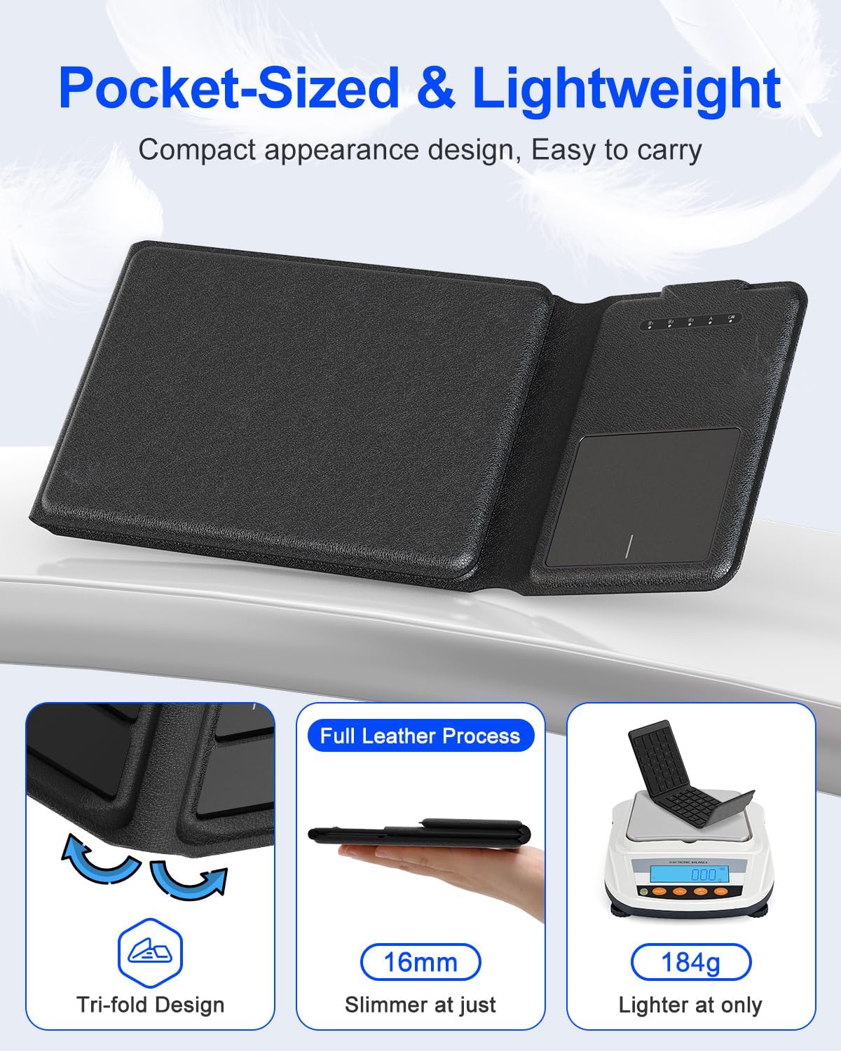 Foldable Bluetooth Keyboard with Touchpad, Ultra-Slim Rechargeable Wireless Travel Keyboard, Full-Size, Premium Leather Texture, Portable Tri-Folding Pocket-Sized for Windows Mac Android iOS