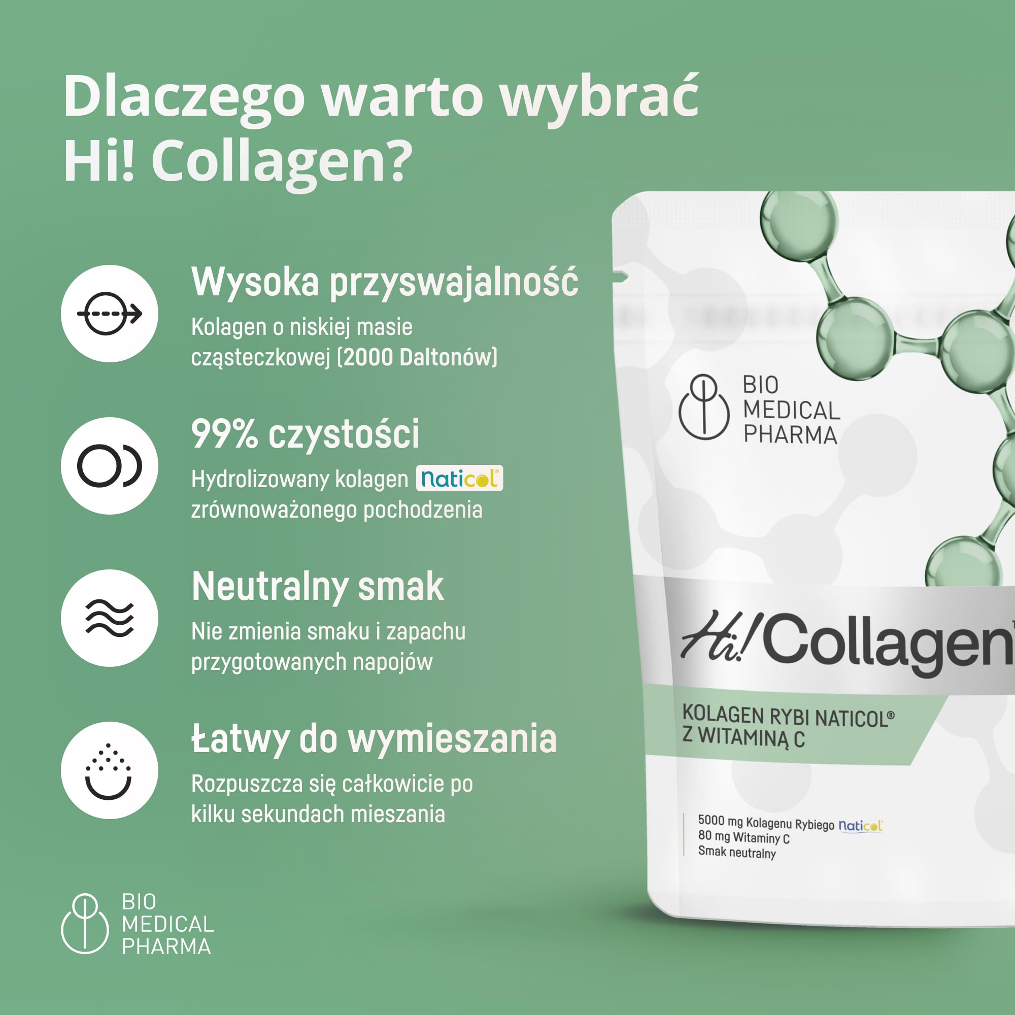 Kolagen morski hydrolizowany w proszku z witaminą C – Naticol 5000 mg, peptydy 2000 Dalton – Typ I i III – Czysty, bez smaku – Hi Collagen (30 porcji, 1 miesiąc)