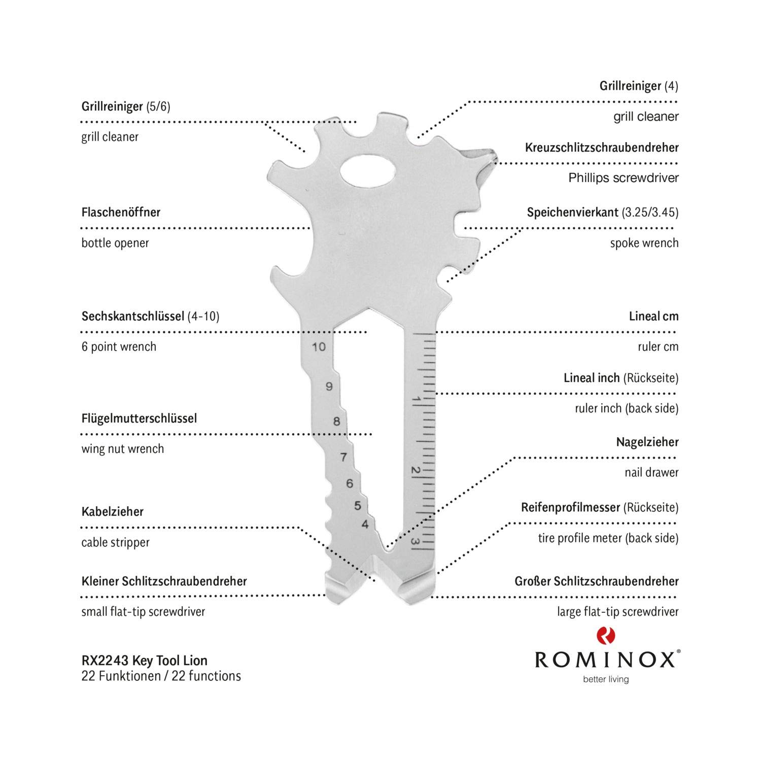Artykuł na prezent: ROMINOX Key Tool // Lion, 22 funkcje, narzędzie wielofunkcyjne ze stali nierdzewnej z opisem funkcji, narzędzie wielofunkcyjne, podczas podróży lub urlopu