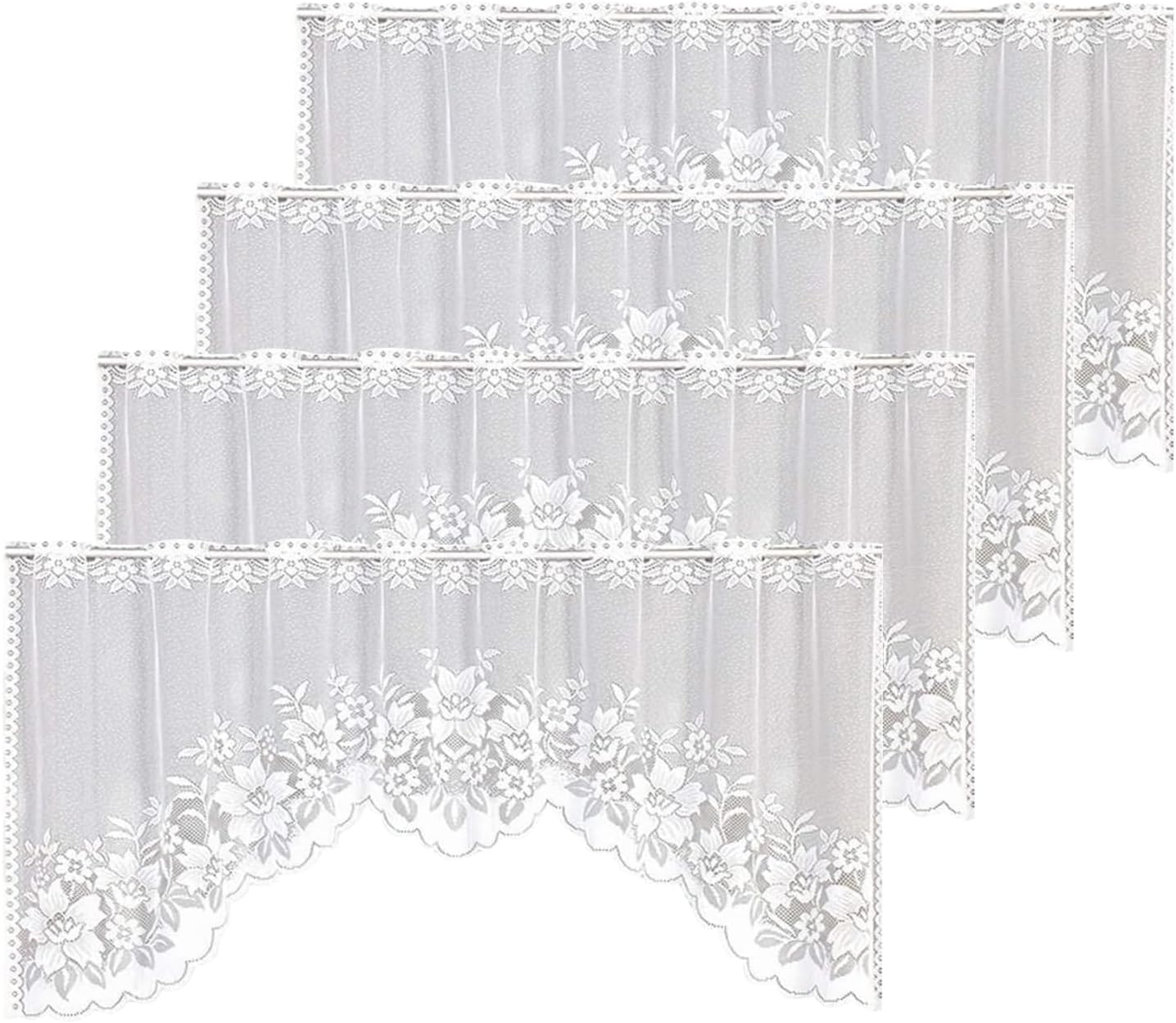 WUBODTI 4 Pcs White Sheer Swag Valance Curtains for Kitchen Windows, Floral Embroidered Lace Window Valances Hollow Knitted Short Curtains for Small Windows Bathroom Living Room Decor, 63’’ Wx24’’ H