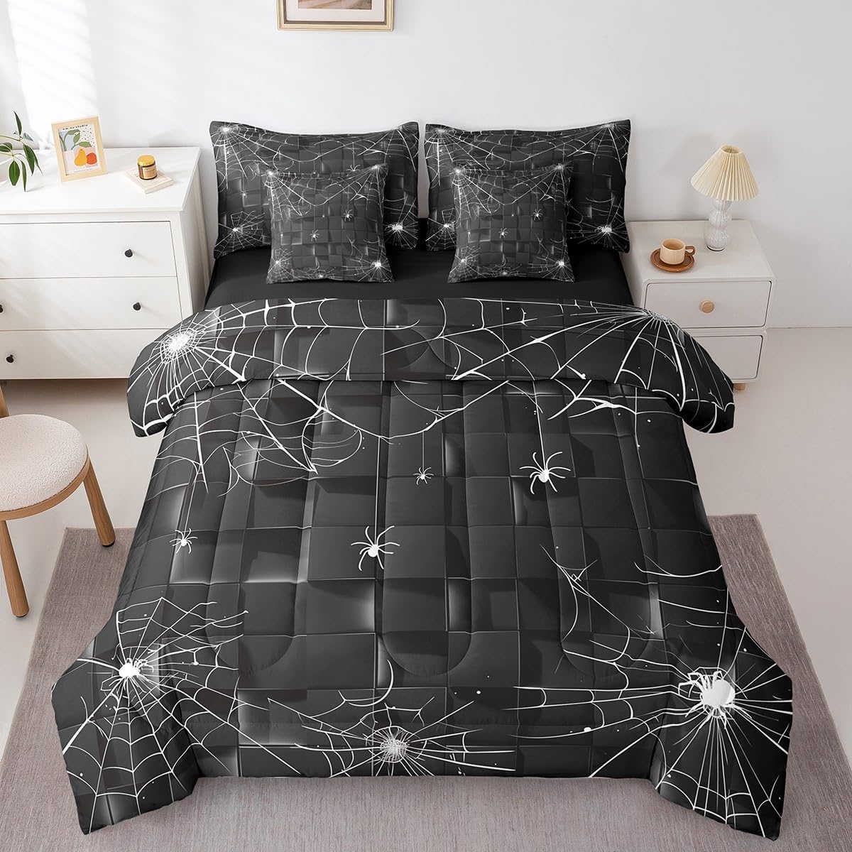 Erosebridal Halloween Spider Web 7 Piece Comforter Set Full Bed in a Bag,Neon Lights Black Grey Grid Plaid Bedding Sets for Kids Boys Girls Checkered Wildlife Sheet Set with Comforter
