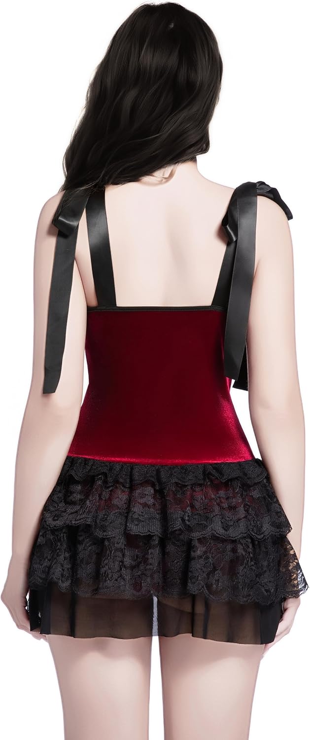 LANSHULAN Women Gothic Retro Palace Style Lace Trim Velvet Goth Dress - Image 3