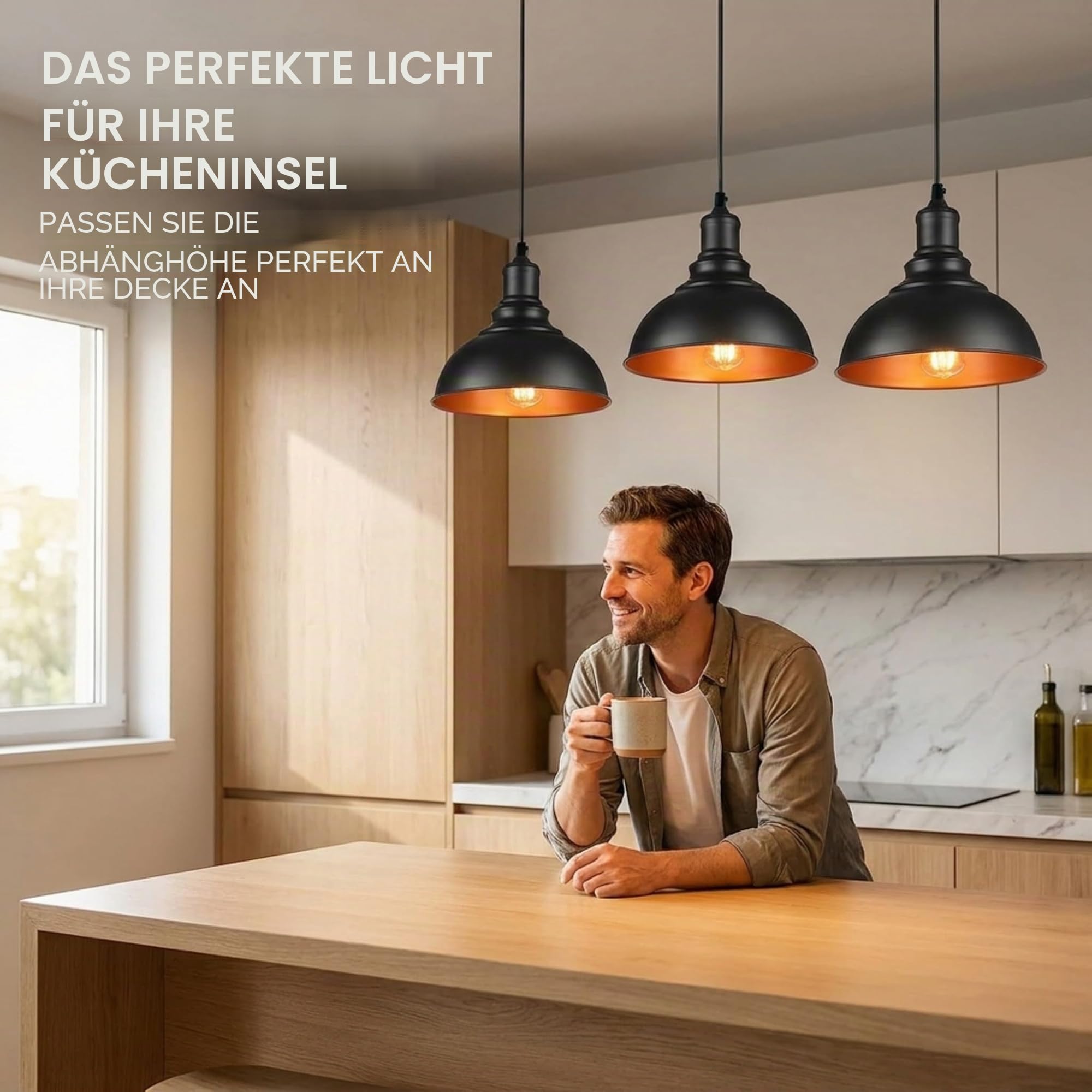 LEDSone Industrielle Pendelleuchte mit drei Köpfen, verstellbares Kabel, 95 cm, Metall-Lampenschirm, Retro-Industrie-Decke, E27-Fassung für Küche und Restaurant (Schwarzes inneres Gold)