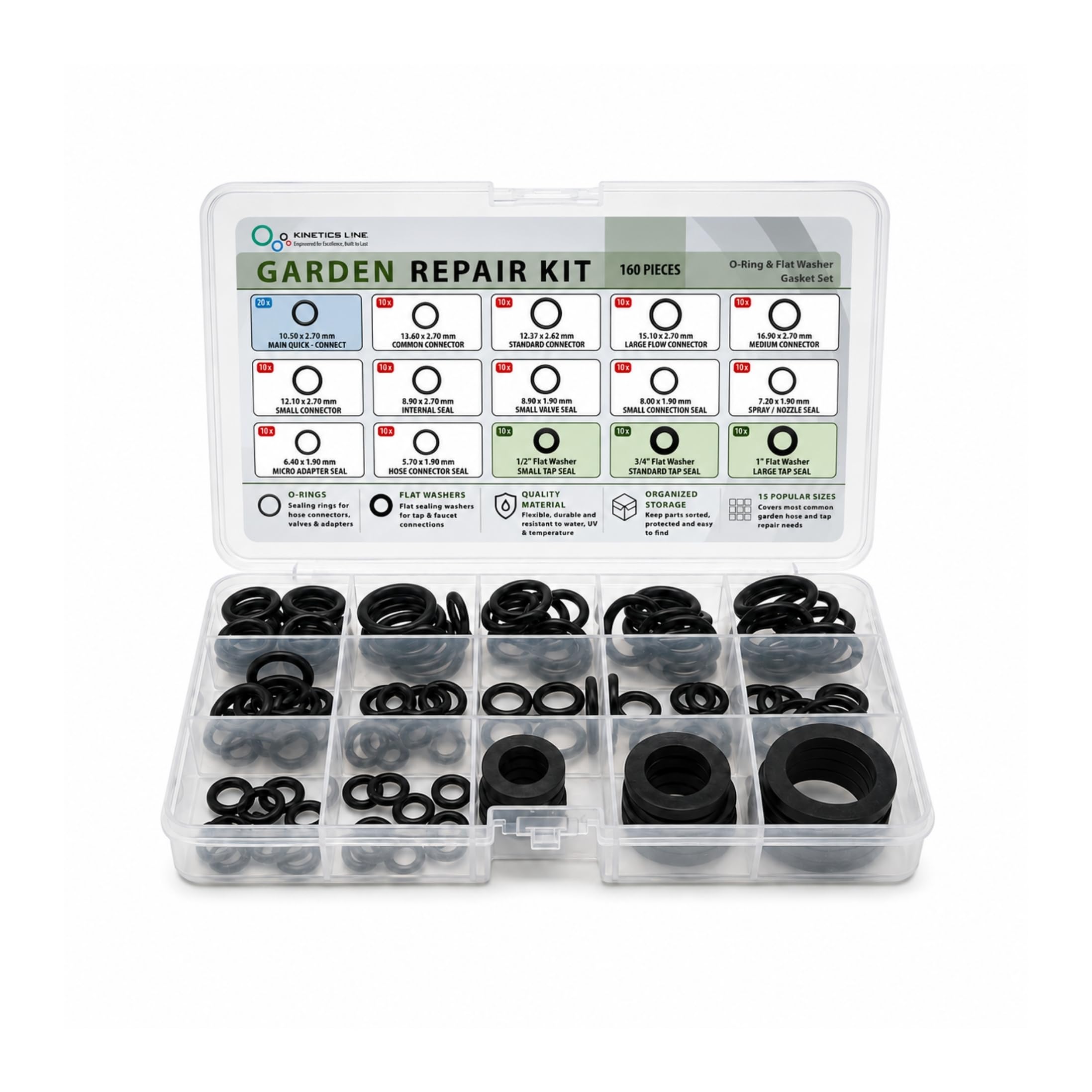 Garden Repair Kit, 160 Piezas – Juntas Tóricas y Juntas Planas de Peroxide EPDM para Manguera de Jardín, Grifo, Conector de Manguera y Aspersor
