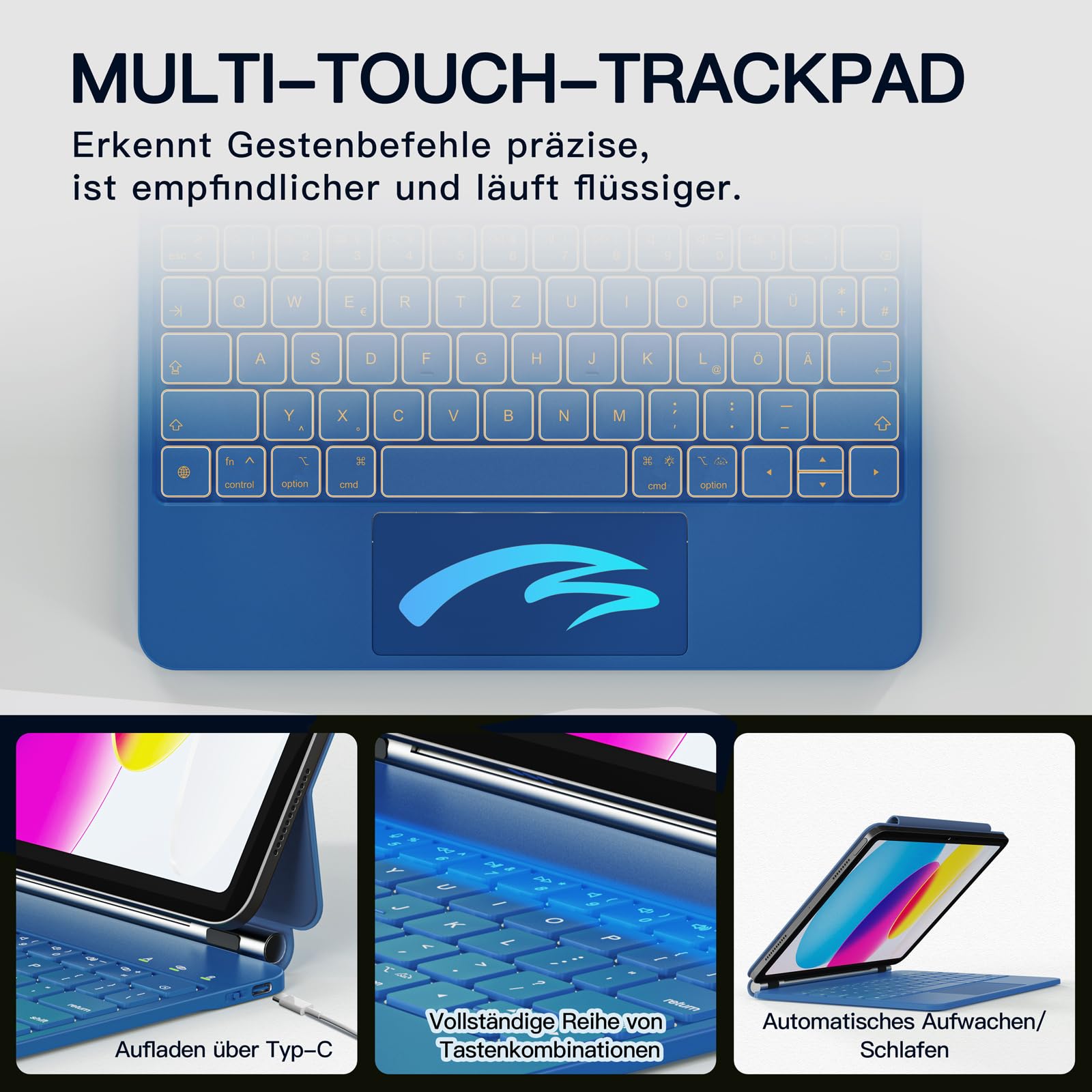 RAYMCRAFT für iPad (A16) 11th 2025/10th Generation Hülle mit Tastatur, Magic Keyboard für iPad 10.9" 2022, 11-Farben-Hintergrundbeleuchtung, Multi-Touch Trackpad, Magnetständer, Stifthalter, Stahlblau