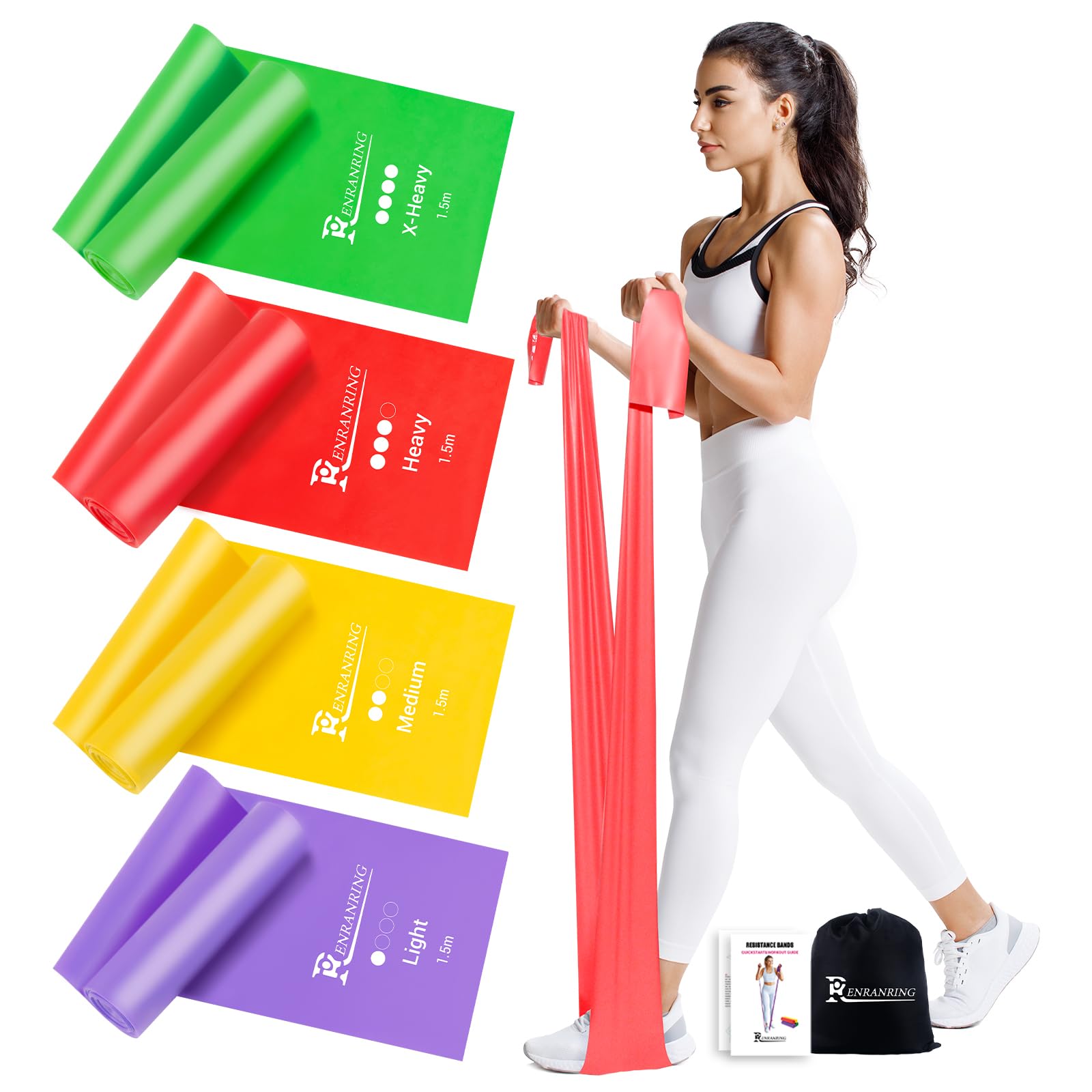 RENRANRING 4er Fitnessbänder, 1.5m Gymnastikband mit 4 Widerstandsstufen, Fitnessband mit Tragasche & Übungsanleitung,ideal für Yoga, Pilates, Muskelaufbau