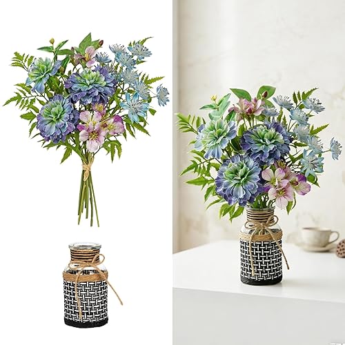 Hollyone Fake Flowers in Vase Blue Faux Flowers Bush Bouquet