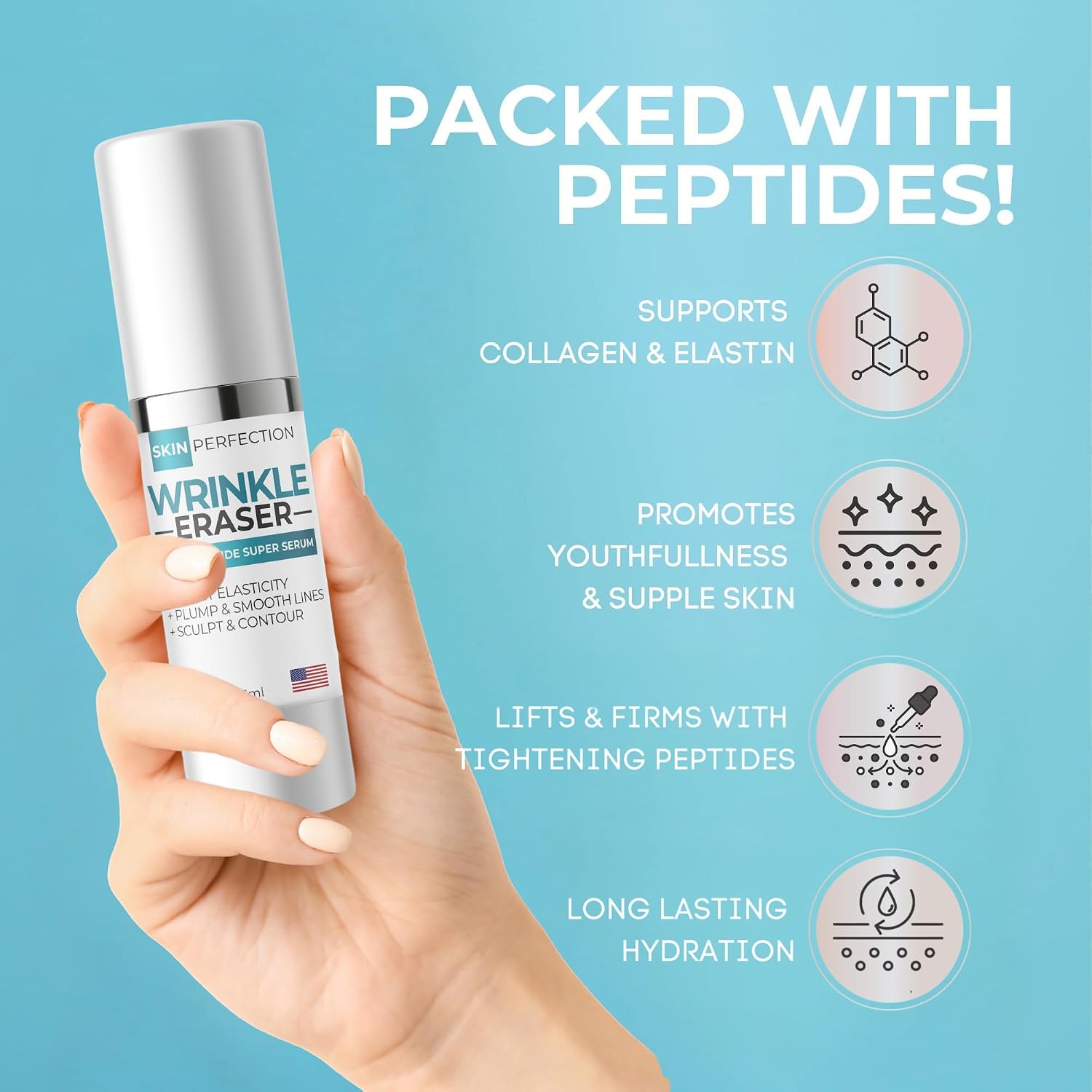 Wrinkle Eraser Supercharged Anti-Aging Peptide Serum Visibly Lifts Firms Hyaluronic Acid Argireline Snap 8 Matrixyl 3000 Edelweiss Inyline Pepha TIght Syn-Ake Juveleven Uplevity Skin Perfection