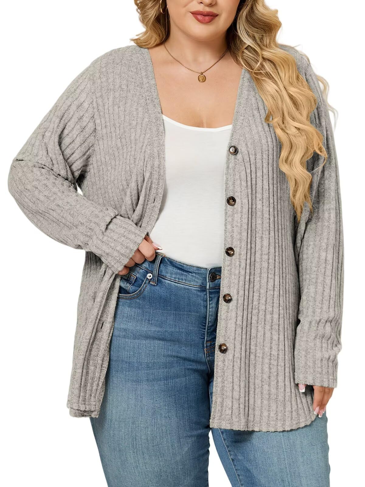 VISLILY Plus-Size-Sweaters for Women Trendy Long Sleeve Lightweight Cardigan Outerwear Loose Button Tunic Open Front Tops