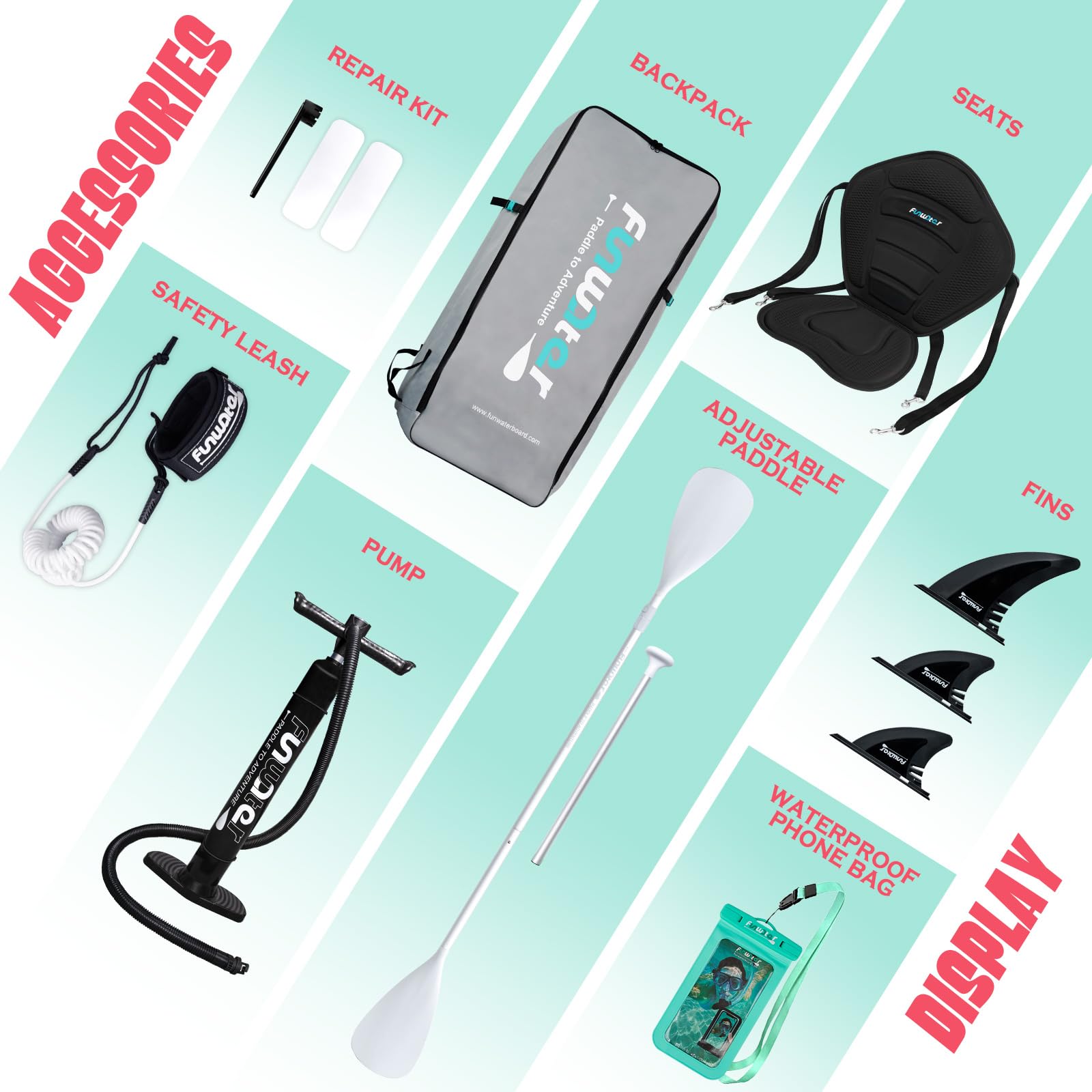 FunWater Tavola gonfiabile con pinne,guinzaglio di sicurezza, pompa a mano, pagaia,zaino Sup,per adulti e ragazzi di tutti i livelli