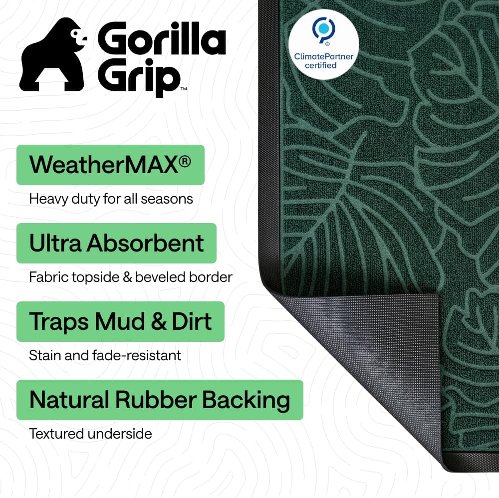 GORILLA GRIP 100% Waterproof All-Season WeatherMAX Doormat 35x23, US Designed Natural Rubber, Stain and Fade Resistant, Low Profile Indoor Outdoor Door Mats, Easy Clean Patio Mat, Green Palm