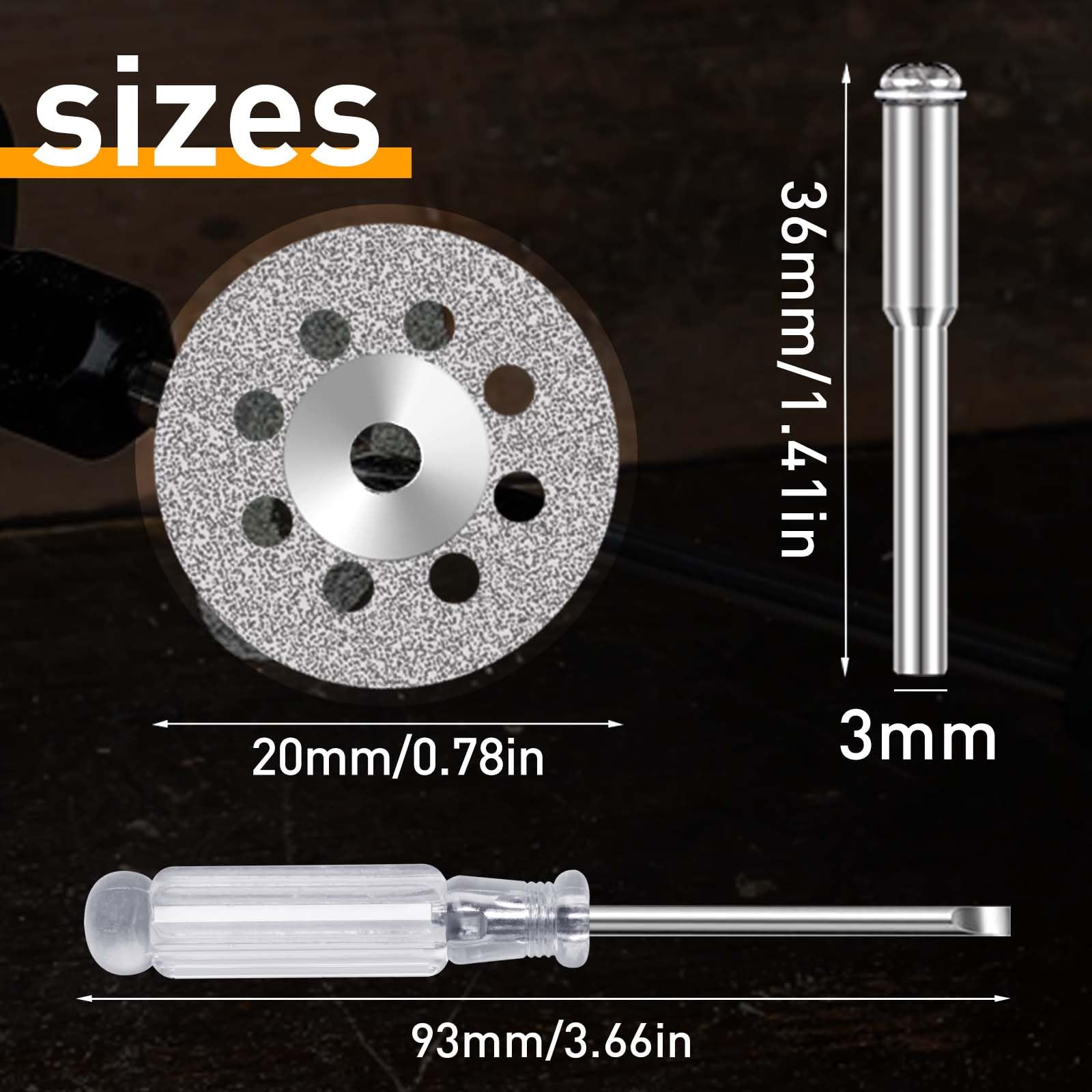 FOTYBEI 545 Diamond Cutting Wheel (20mm) 20pcs with 402 Mandrel (3mm) 4pcs and Screwdriver for Dremel Rotary Tool Stone Glass Cutting Discs - Image 3
