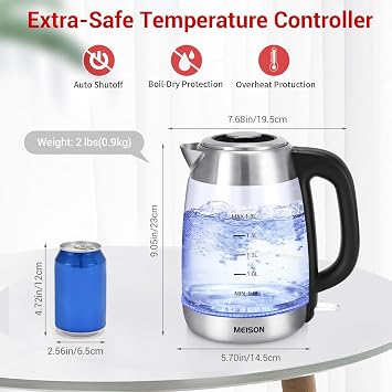Electric Tea Kettles Glass for Boiling Water, Speed-Boil Electric Kettle,Hot Water Boiler Heater, Borosilicate Glass Teapot, Auto Shut-Off & Boil-Dry Protection, 1.8 Liter, (glass)