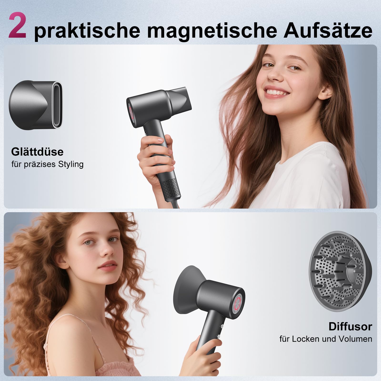 Haartrockner, 200 Mio. Ionen föhn mit Diffusor, 110,000 U/min Bürstenloser Motor, 1600W, 59 dB, Fön Klein für Reise, 2 Jahre Garantie,Grau