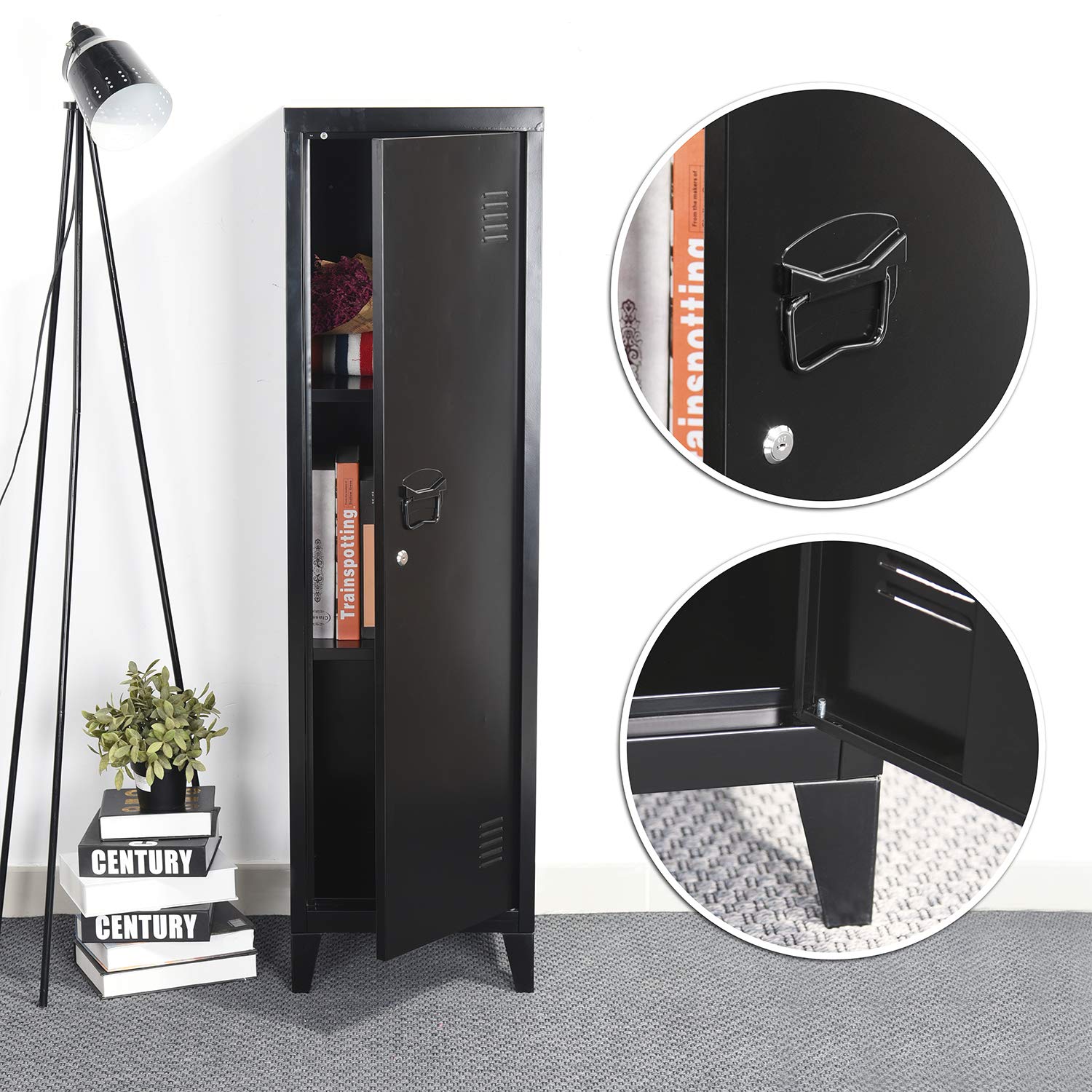 FurnitureR Almacenamiento Carpetas con Cerradura, Armario de Metal, Todo en Hierro, con Puertas Planas, 3 Compartimentos Grandes, para Garaje, Oficina, Color Negro, 38.5 x 38.5 x 137.5cm