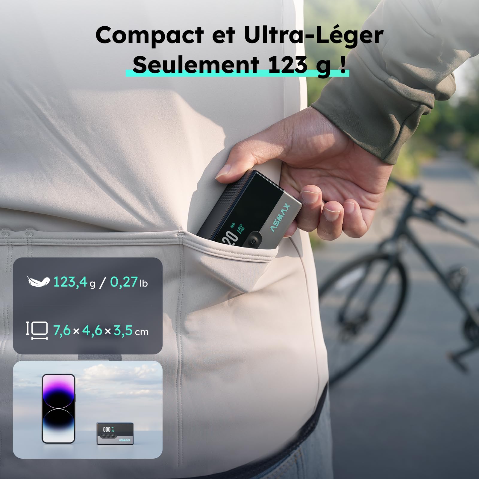 ASMAX Mini Pompe à Vélo, Tiny Pump 120 PSI avec Manomètre Numérique, Écran LCD, Valve Schrader et Presta, Batterie Rechargeable, Arrêt Automatique, pour Vélo Électrique, VTT, de Ville et Route, T30