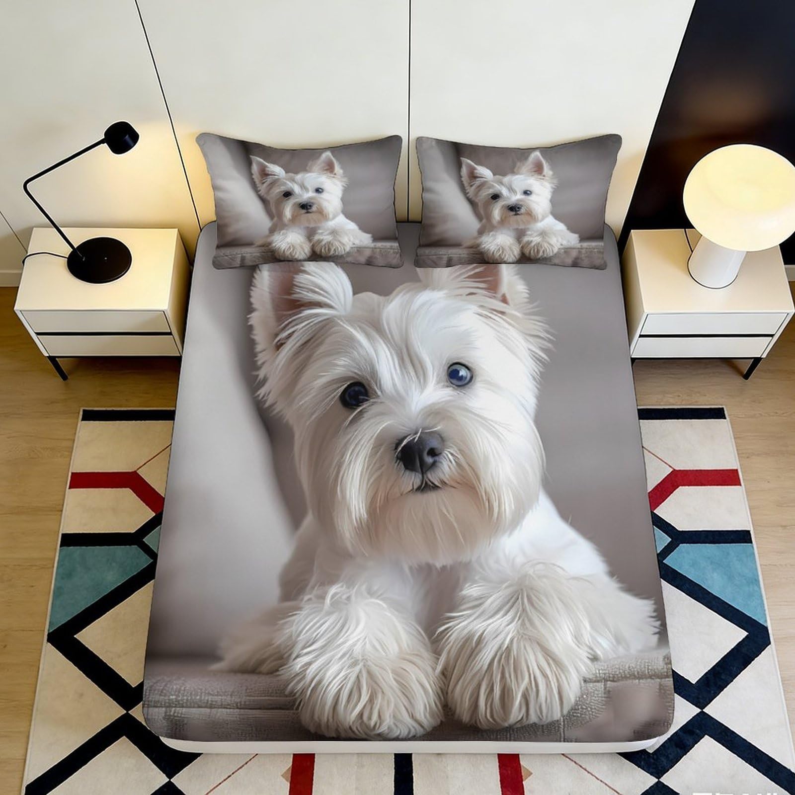 3D Printed Westie Dog Fitted Sheet Microfiber Soft Non-Slip Cute Puppy Bed Cover for Bedroom Guest Room Decor 160x200x25cm