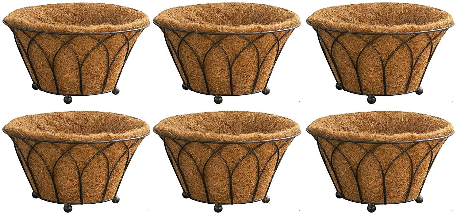 GARDEN KING 14 INCH Round Floor Basket with Coir Liner for Indoor/Outdoor Gardening, Natural Coir Basket for Home & Garden Decorations, Flowers Plant Container (Black, Set of 6 PCs)