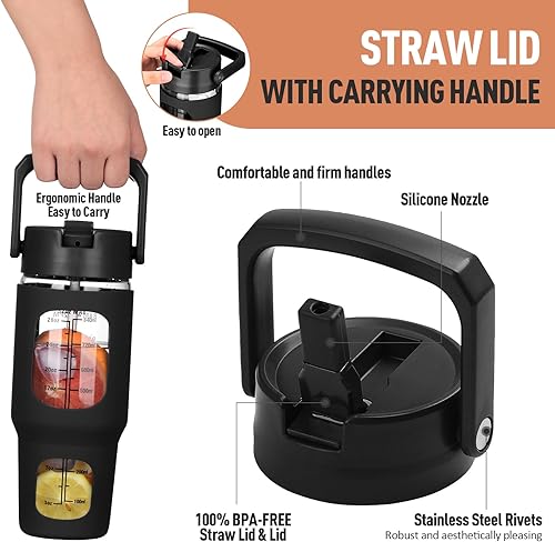 Miniatura 3 de kytffu Vaso de vidrio de 32 onzas con popote y tapa, taza de café helado reutilizable con asa y funda de silicona, botellas de agua motivacionales