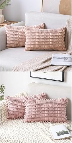 MIULEE Fundas de almohada decorativas de pana con pompones, fundas de almohada bohemias suaves a rayas de 12 x 20 pulgadas
