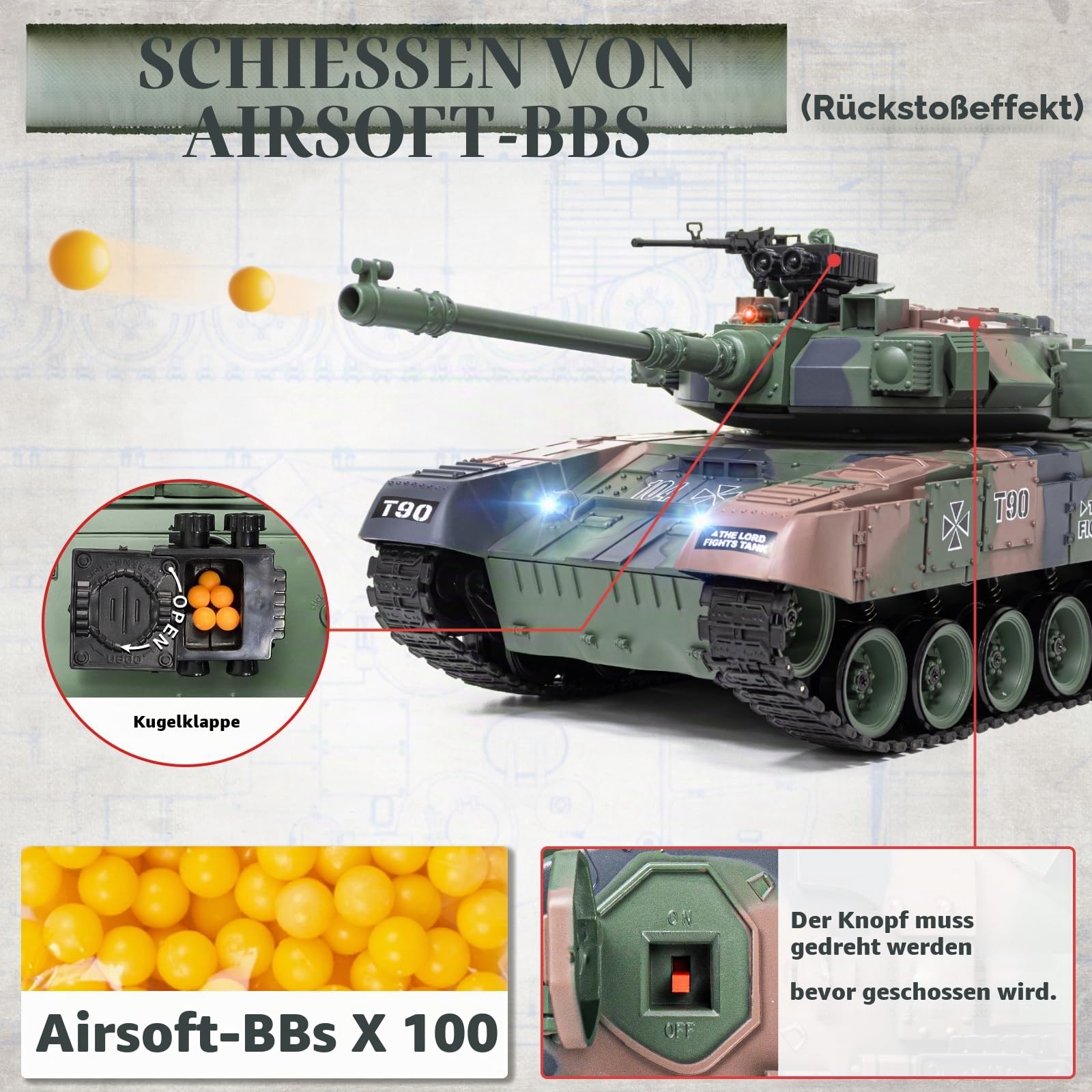 Supdex 1:18 RC Panzer T90, 2.4GHz Panzer Ferngesteuert mit Schussfunktion, WW2 Militär, Ferngesteuertes Militärfahrzeug mit Metallketten, Rauch, Licht, Sound, Armee Spielzeug für Kinder Erwachsene