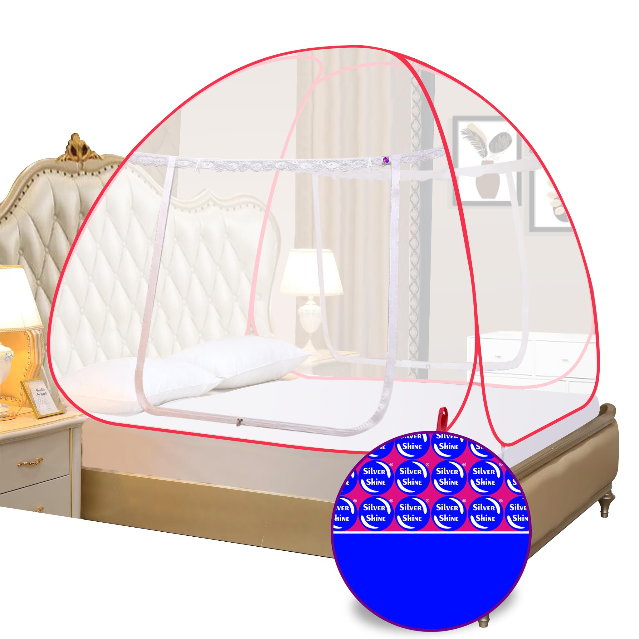 Silver Shine Amazing Foldable Double Bed Mosquito Net Polyester Machardani PVC Coated Corrosion Resistant Steel Wire (White Red)