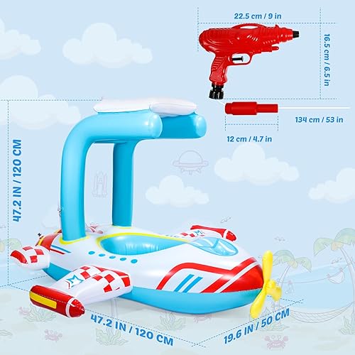 Miniatura 8 de Unomor Flotadores gigantes para piscinas, flotadores inflables de avión con diseño de toldo y pistola de chorro incorporada, lanchas de piscina (47