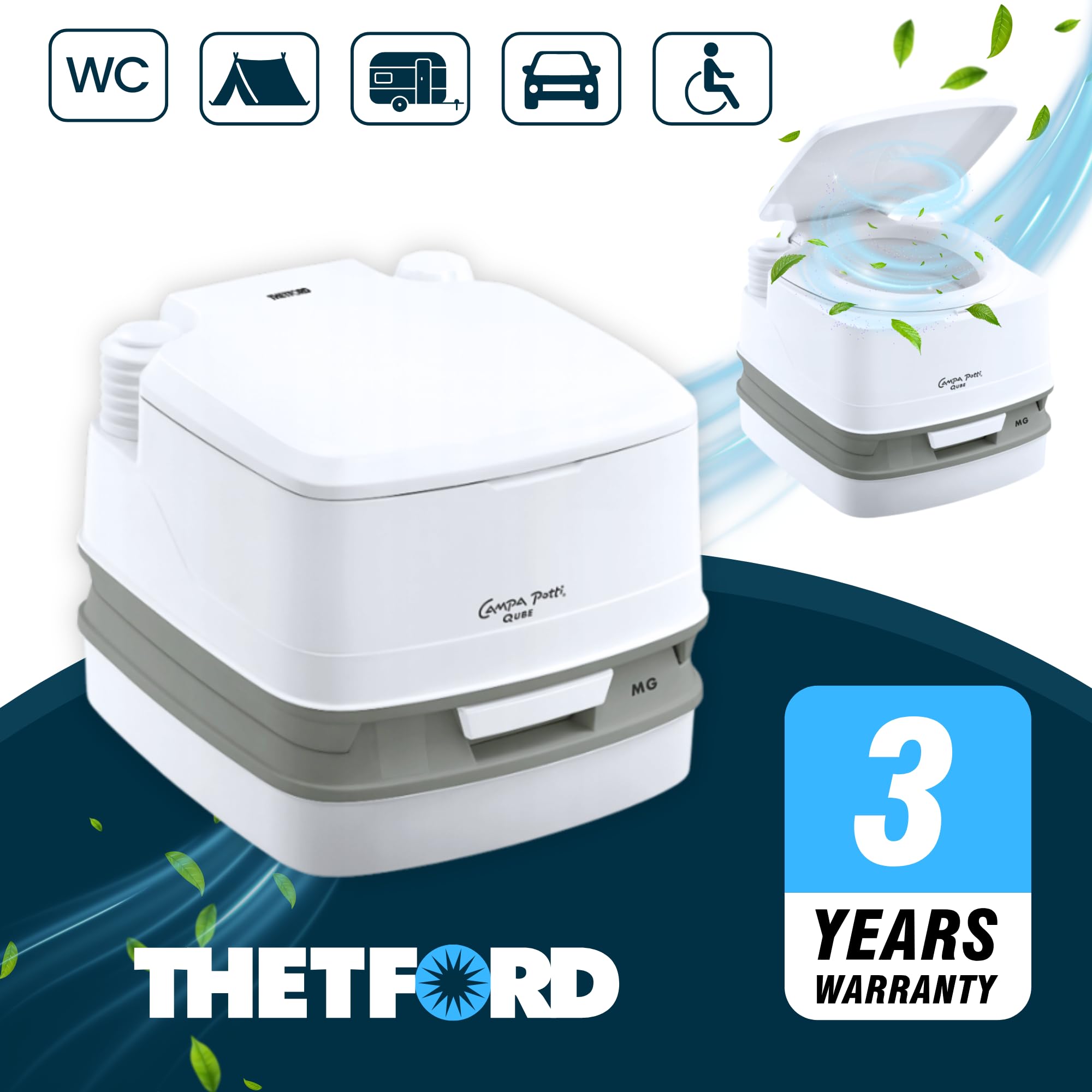 Thetford Porta Potti Qube MT Campingtoilette 12L, Mobile Chemietoilette, Portable Toilette für Camping & Travel, kompakte Reisetoilette, Weiß