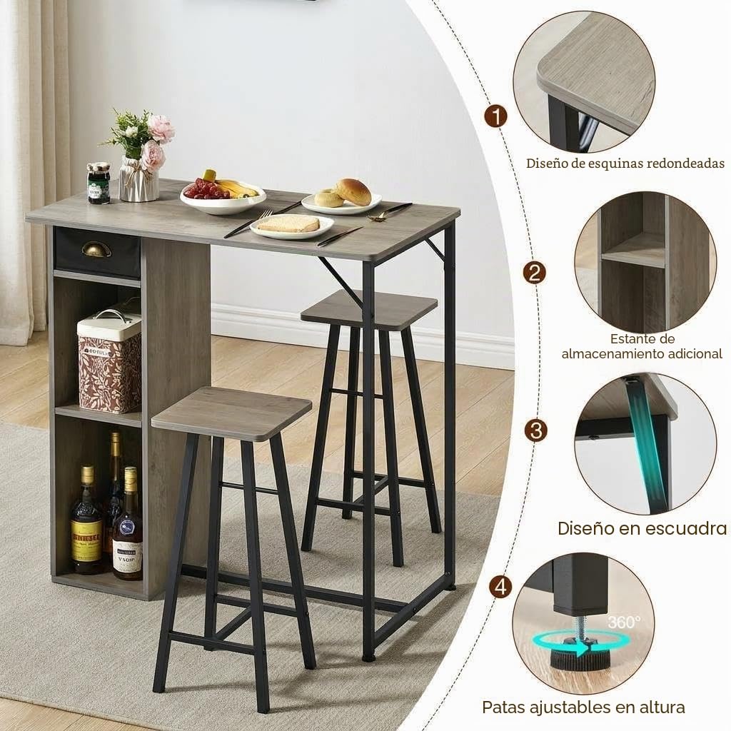 Zstar Conjunto de Mesa de Bar con 2 Taburetes, Mueble Auxiliar con Almacenamiento Lateral, para Cocina y Comedor, Color Gris Madera