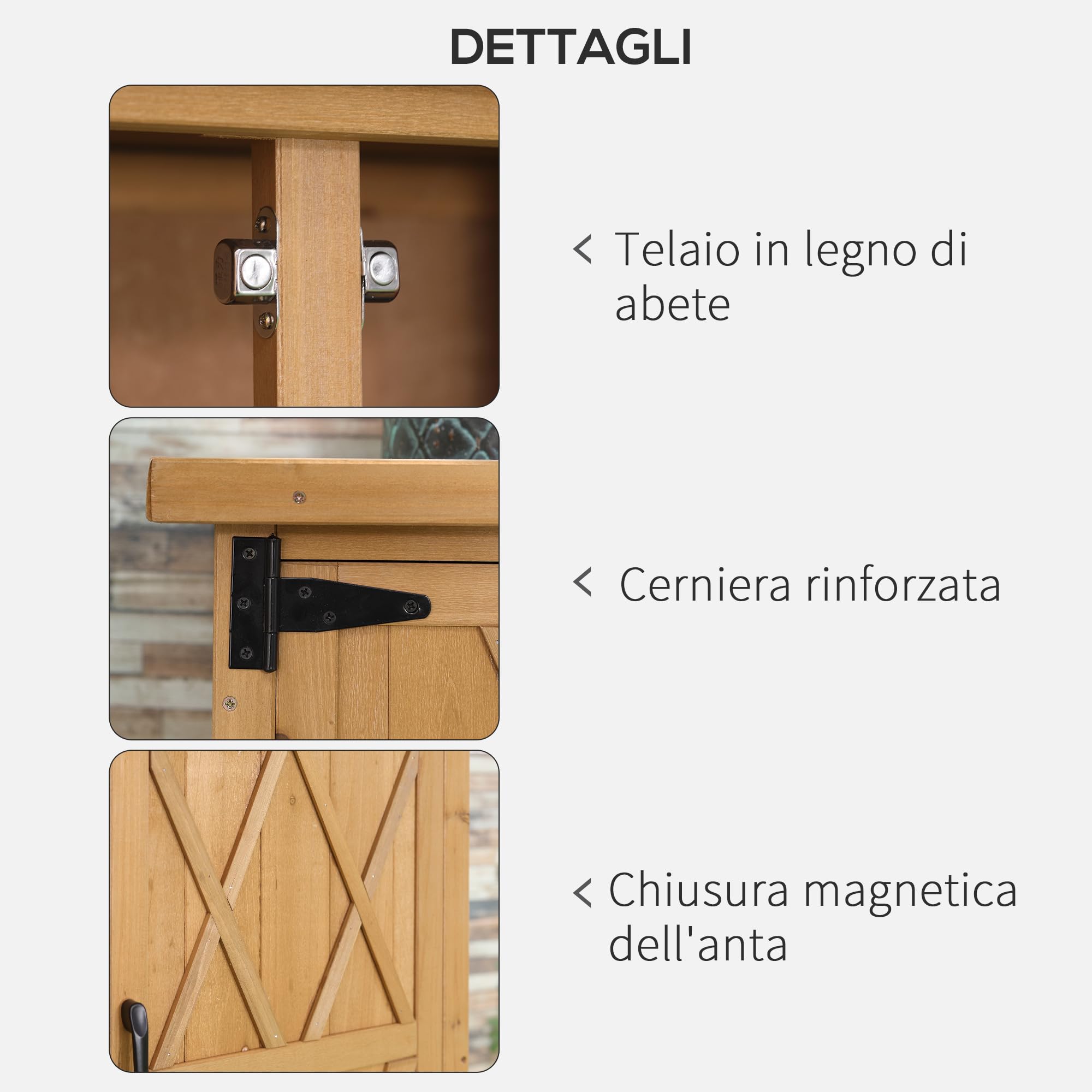 Outsunny Capanno Porta Attrezzi da Giardino con 2 Ante, 4 Scaffali e Base Rialzata, Casetta Attrezzi Giardino in Legno di Abete con Tetto in Lamiera Zincata e Chiusura Magnetica, 75x40x90 cm, Giallo