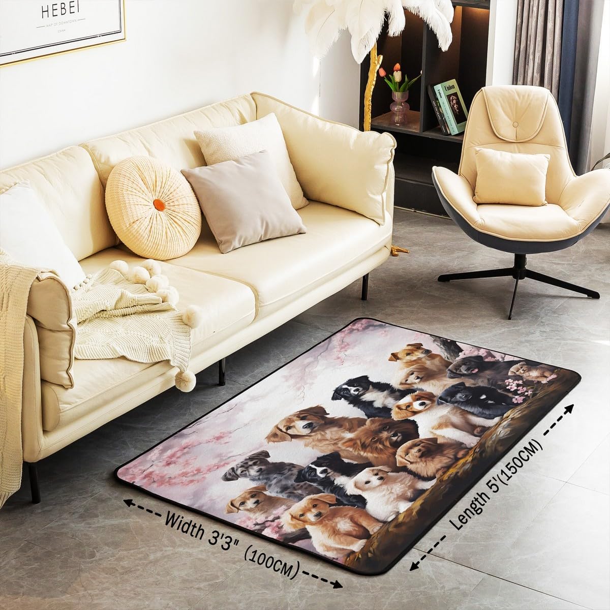 jejeloiu Dog Area Rug for Kids Boys Girls Cute Cartoon Dogs Area Rug 5x7 Pet Puppy Animal Design Living Room Rugs Room Decorations Cherry Blossoms Indoor Floor Mat Decorative Rug