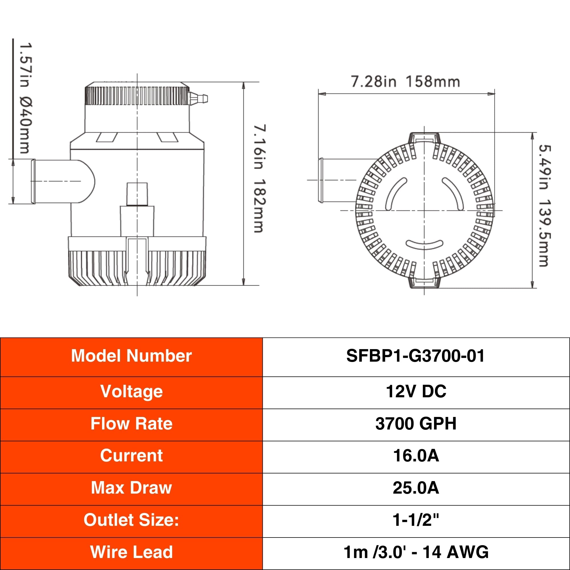 Seaflo - Pompa di sentina elettrica per imbarcazioni, 3700 GHP / 12 V (3700 GHP 12 V)