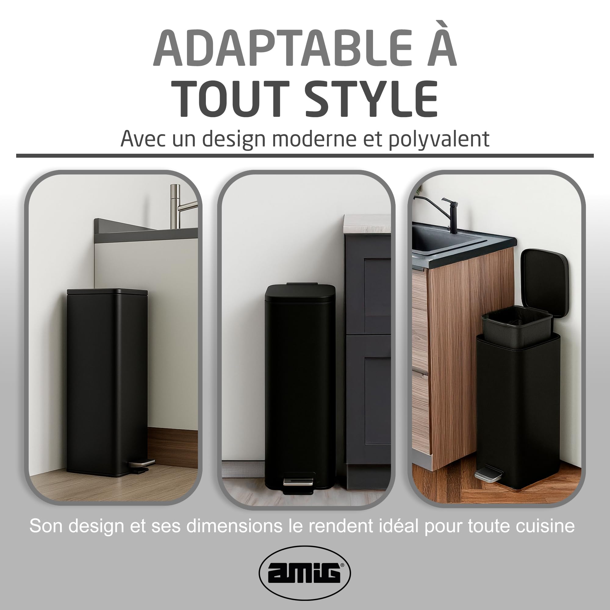 Amig - Poubelle à pédale 30 litres Mod. Artvin - Couleur noire - Ouverture hygiénique sans contact - 27 x 36 x 65 cm - Acier inoxydable laqué - Poubelle de cuisine avec couvercle hermétique