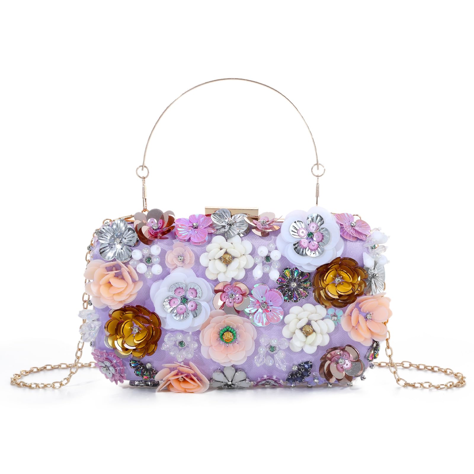 EVEOUT Clutch de 3D Flores Mujer Elegante Bolso de Mano de Noche de Cristal con asa y Cadena para Boda Fiesta Baile