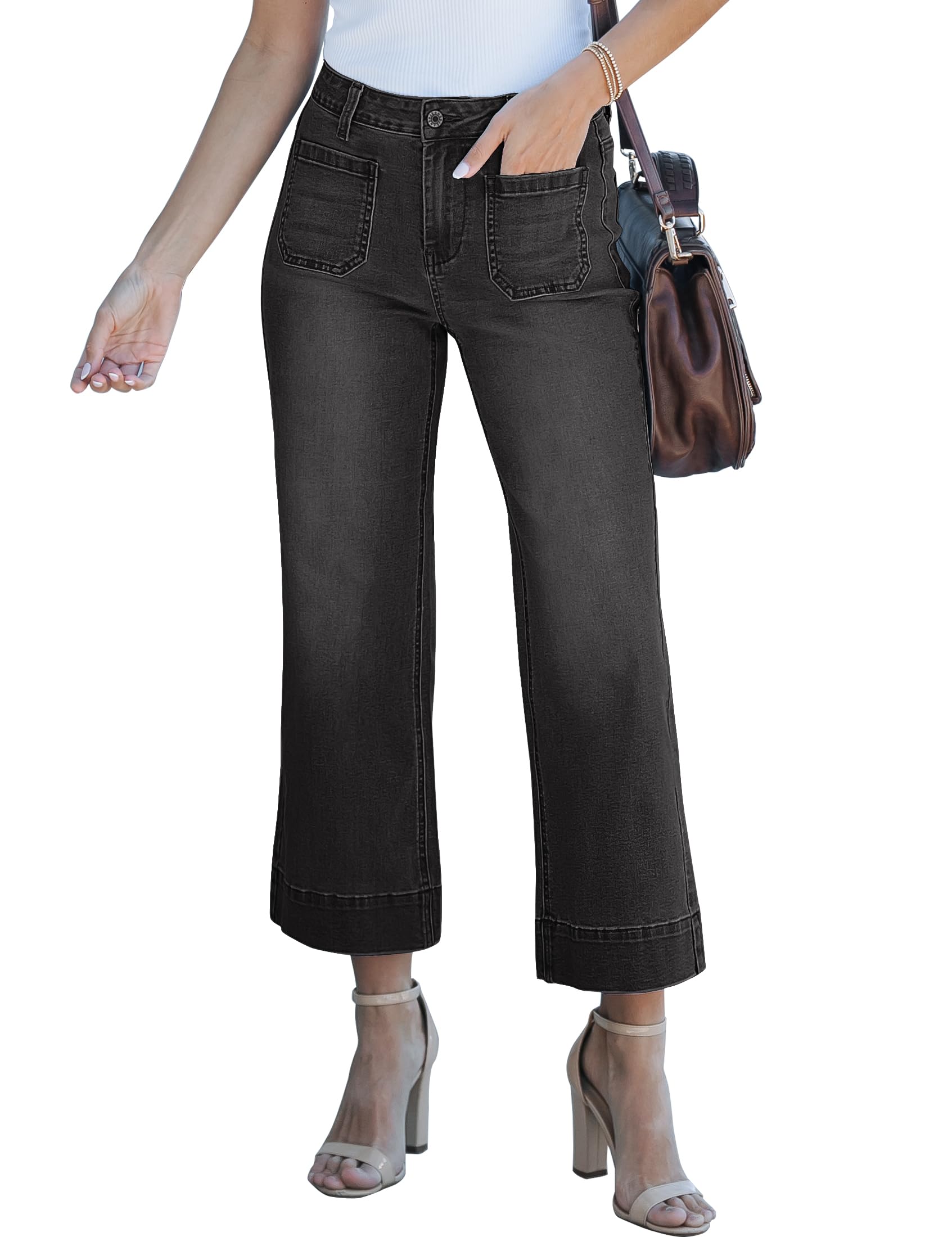 luvamia Wide Leg Jeans for Women Trendy High Waisted Flare Jeans Cropped Denim Pants Stretchy Baggy with Patch Pockets