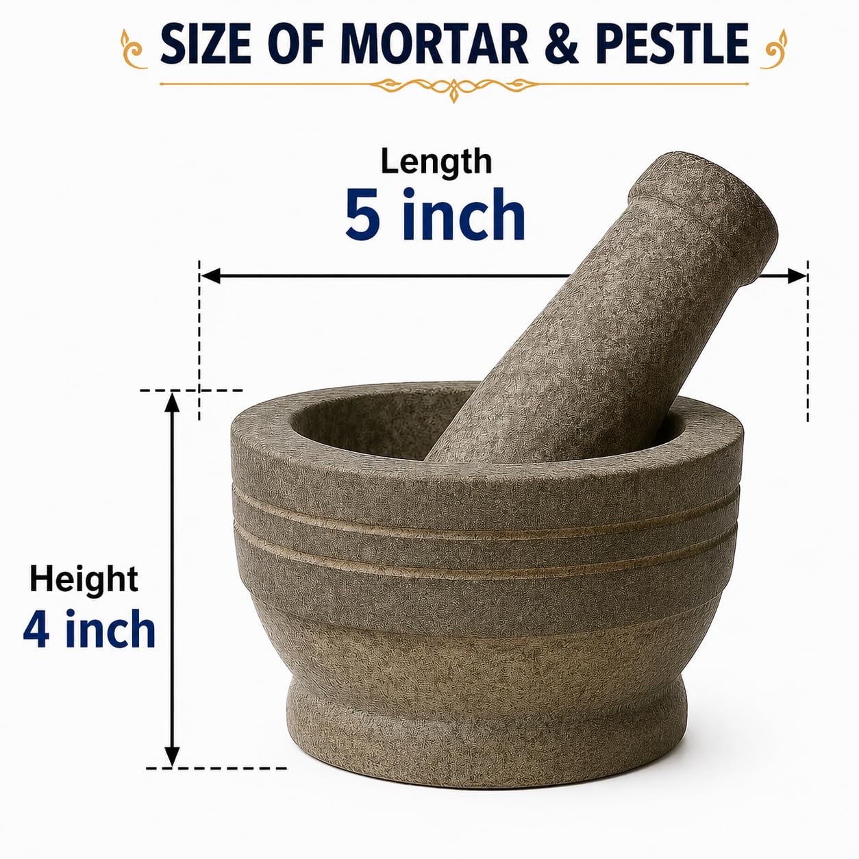 EZAHK Stone Mortar and Pestle Set for Spices, Okhli Masher, Khalbatta Stone, Natural & Traditional Grinder, Musal, Well Design for Kitchen, Home, Herbs (5.5 inch) Grey 2