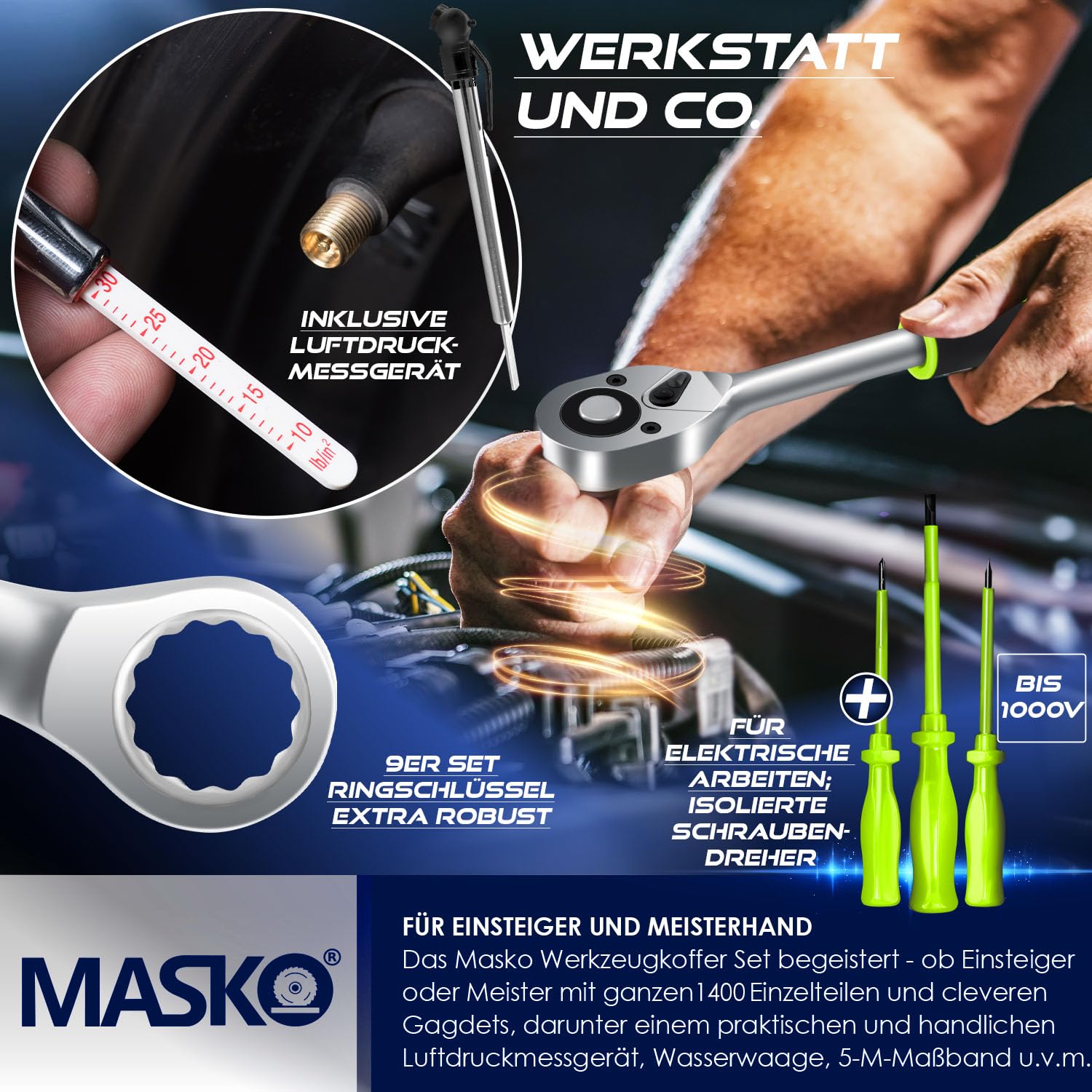 MASKO® Werkzeugkoffer 1400-teilig gefüllt | Werkzeugset im Aluminiumkoffer | Werkzeugkasten mit Rollen | Werkzeugkiste Haushalt, Haus, Hobby, KFZ | Trolley-Funktion | Profi Werkzeugwagen Handwerkzeug