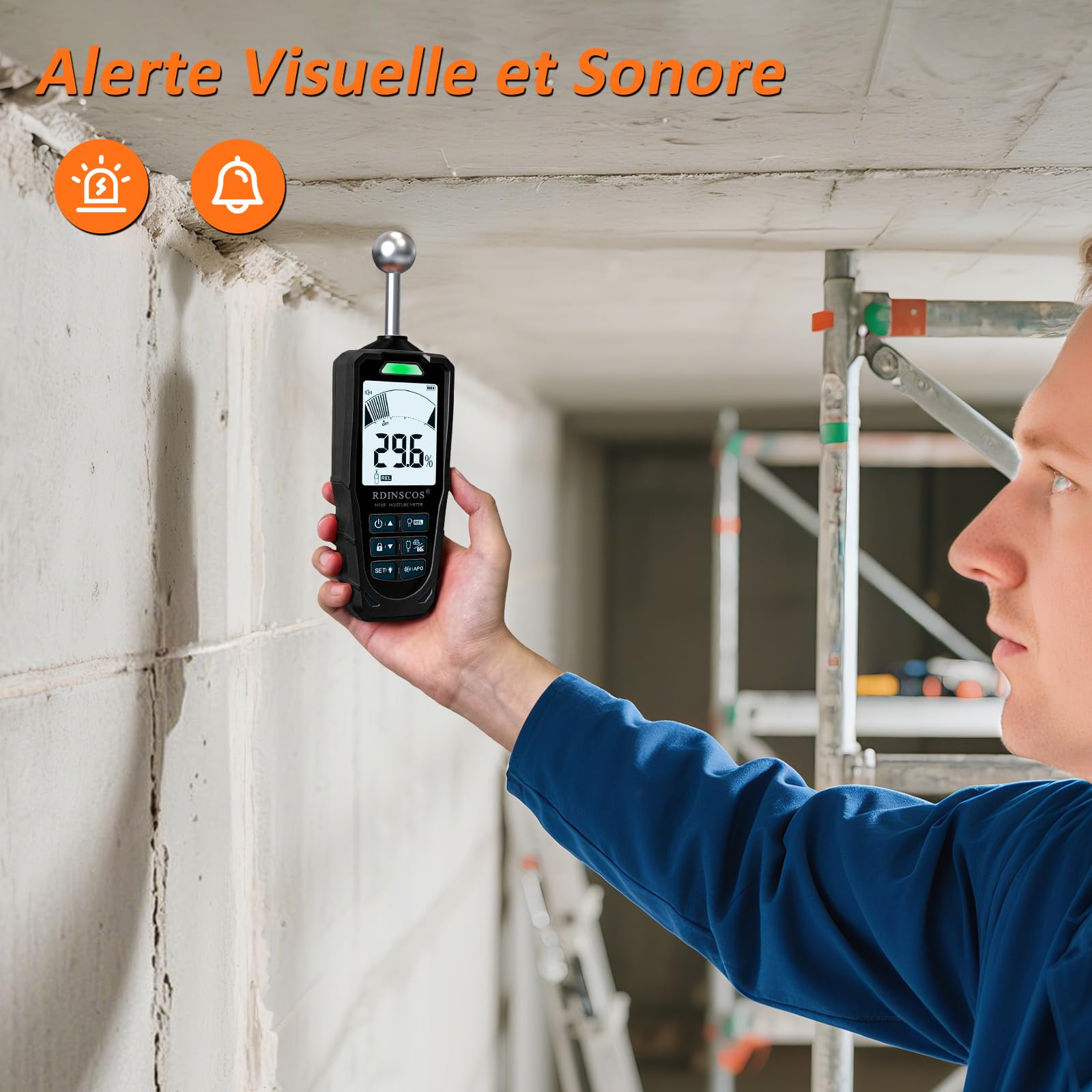 RDINSCOS Testeur Humidité 2 en 1 à Sondes Sphérique et à Aiguilles – Humidimètre pour Bois, Mur, Béton, Plâtre, Écran LCD, Détection 20-40 mm