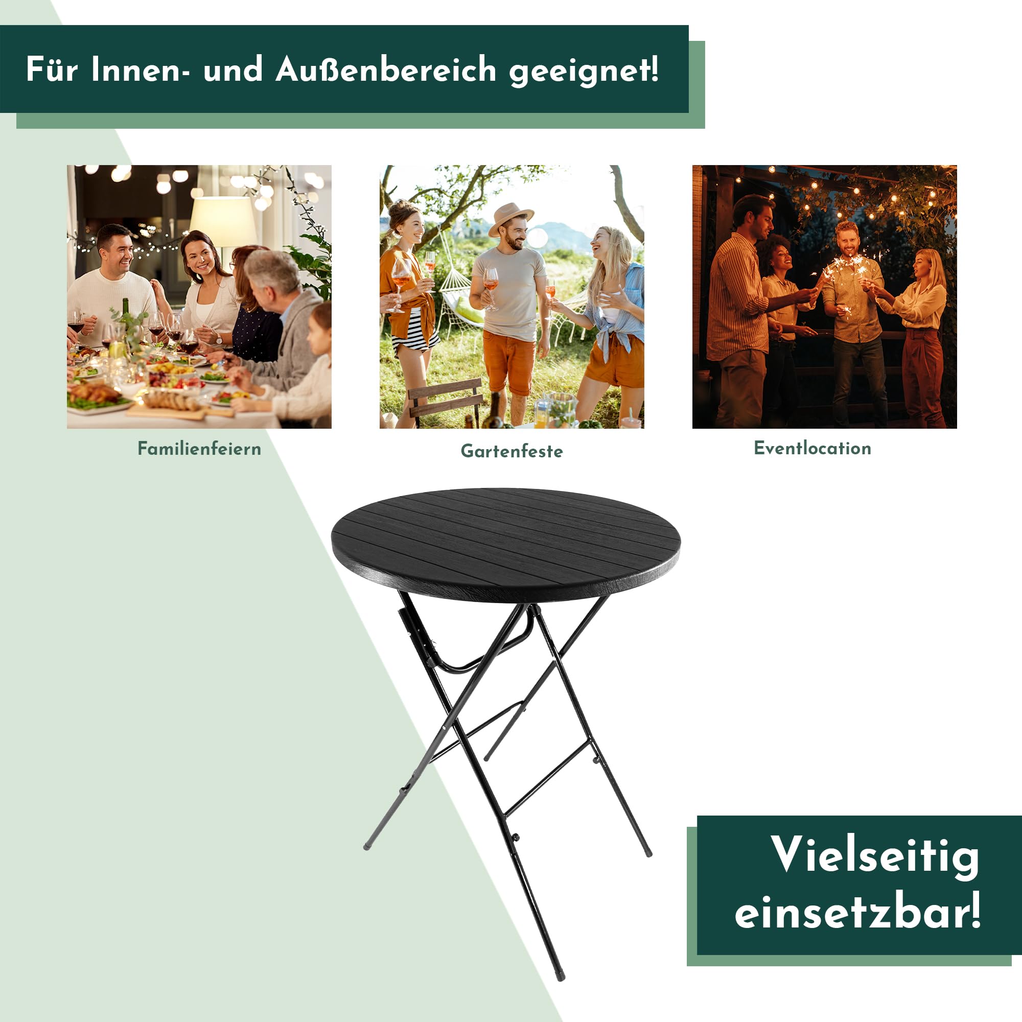 Lemodo Stehtisch klappbar 80 cm (Höhe 110 cm, bis 50 kg belastbar) schwarz Holz-Optik – mit Kunststoff-Tischplatte & Stahlgestell, abnehmbare Beine, platzsparend für Gartenparty, Hochzeit & Balkon