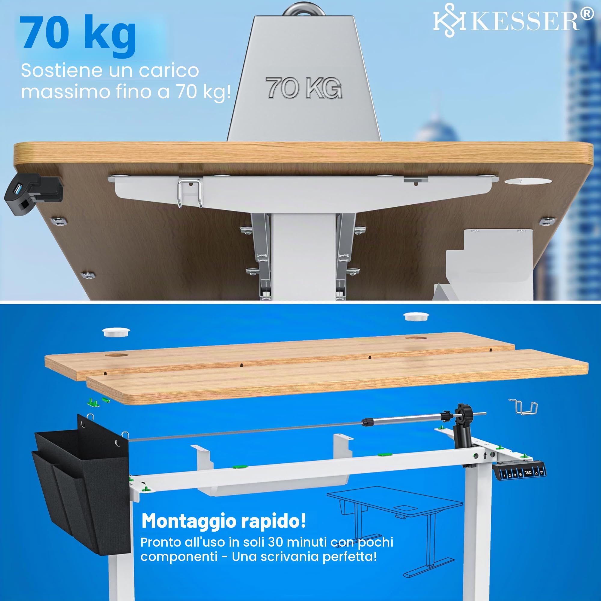 KESSER® Scrivania elettrica regolabile in altezza, Scrivania ergonomica per postura eretta, Controllo di memoria a 3 funzioni, incl. Ruote a 360° e Porta di ricarica USB, 140x70 cm - Beige